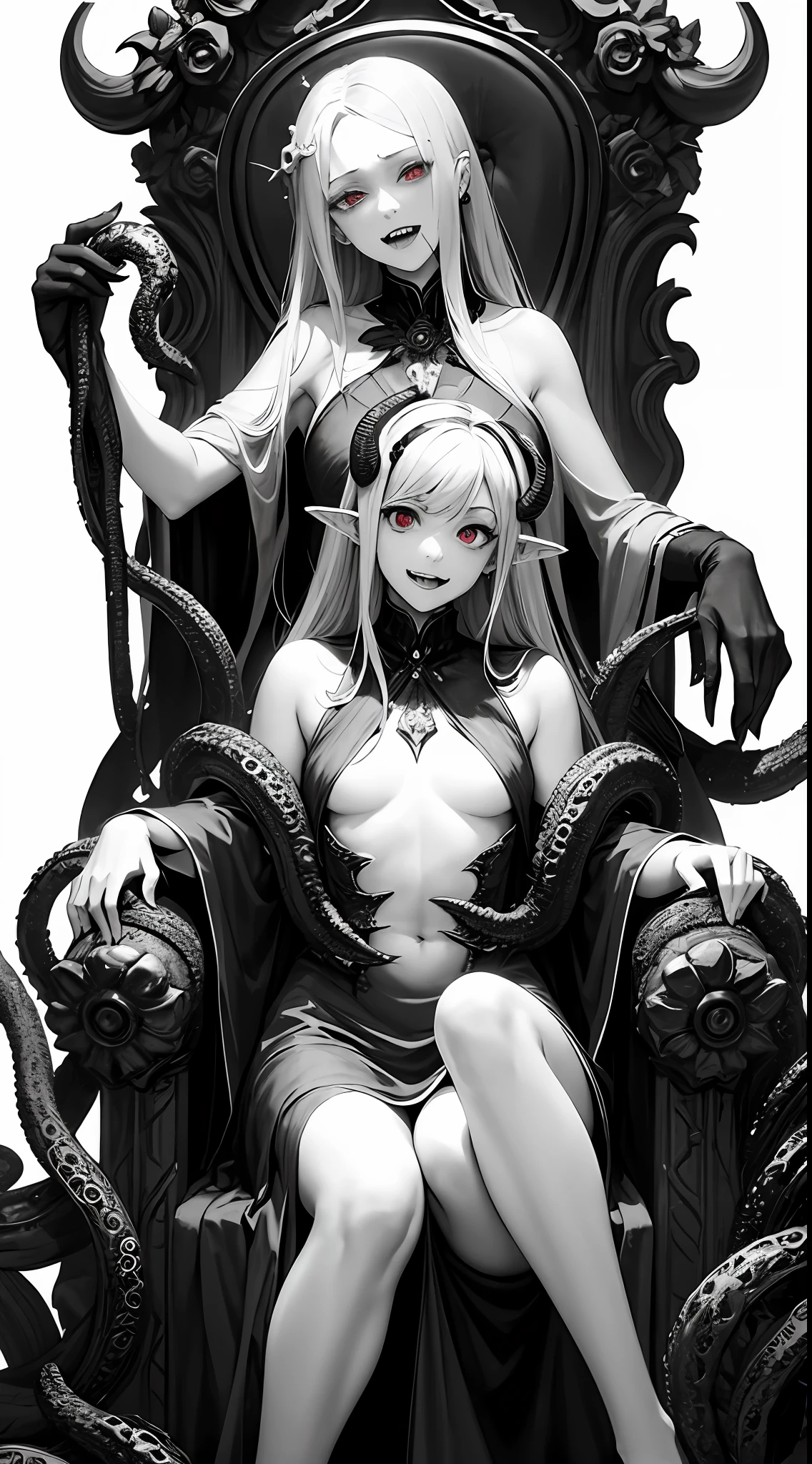 （vampiric）（（Gray hair））（fang）（red eyes eyes）（Poor milk）（chiquita）（Childish）（Sinister laughter）Obediently sat on the throne，listless，Ignorant and understanding，（（The characters are very delicate））There is a Cthulhu feeling，Flesh and blood，Tentacles stretch out from the edge of the throne，colourised