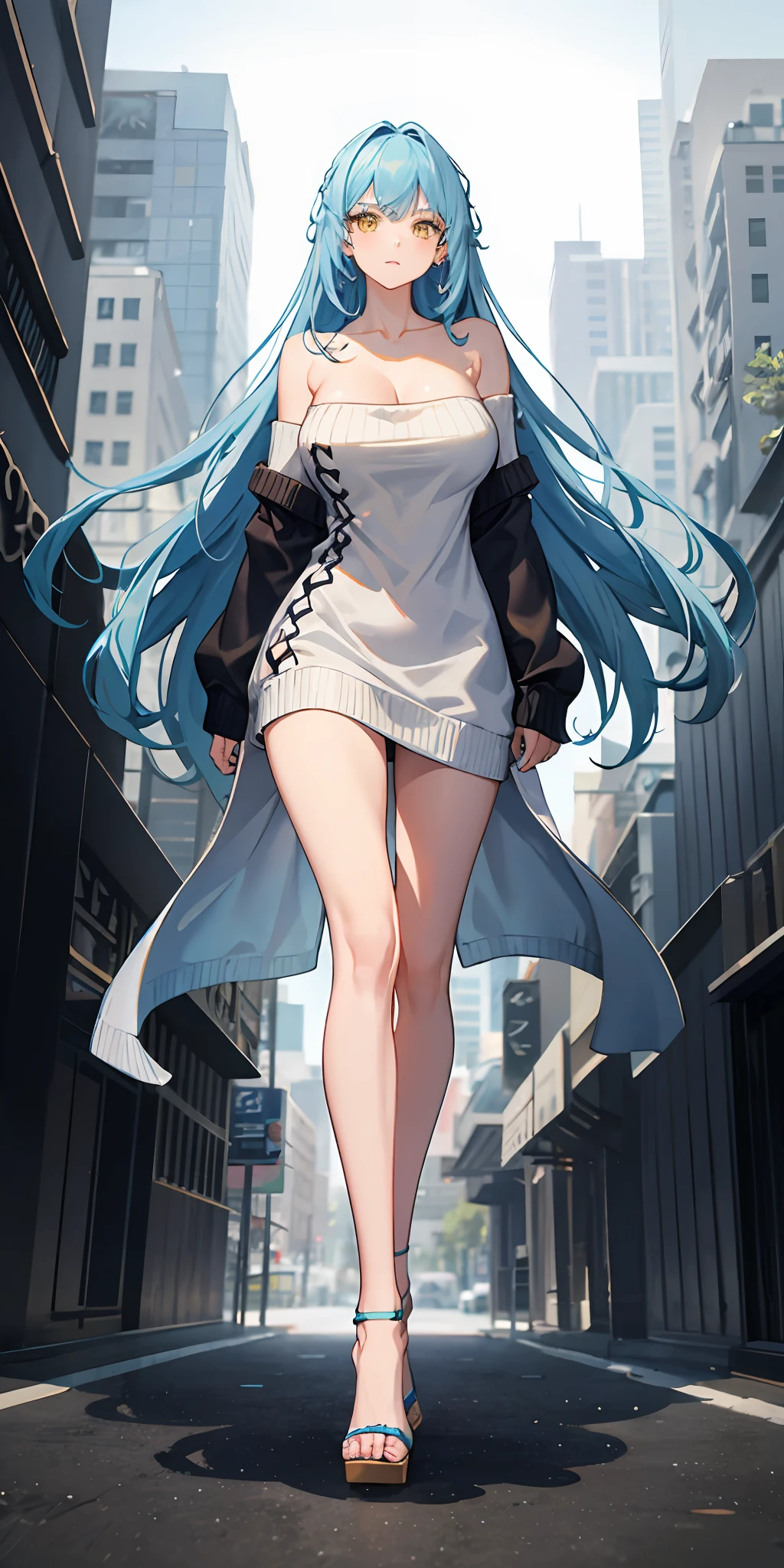 Light blue hair, yellow eyes, long hair, massive boobs, legs, thigh, collarbone, bare shoulder, big sweater, in building