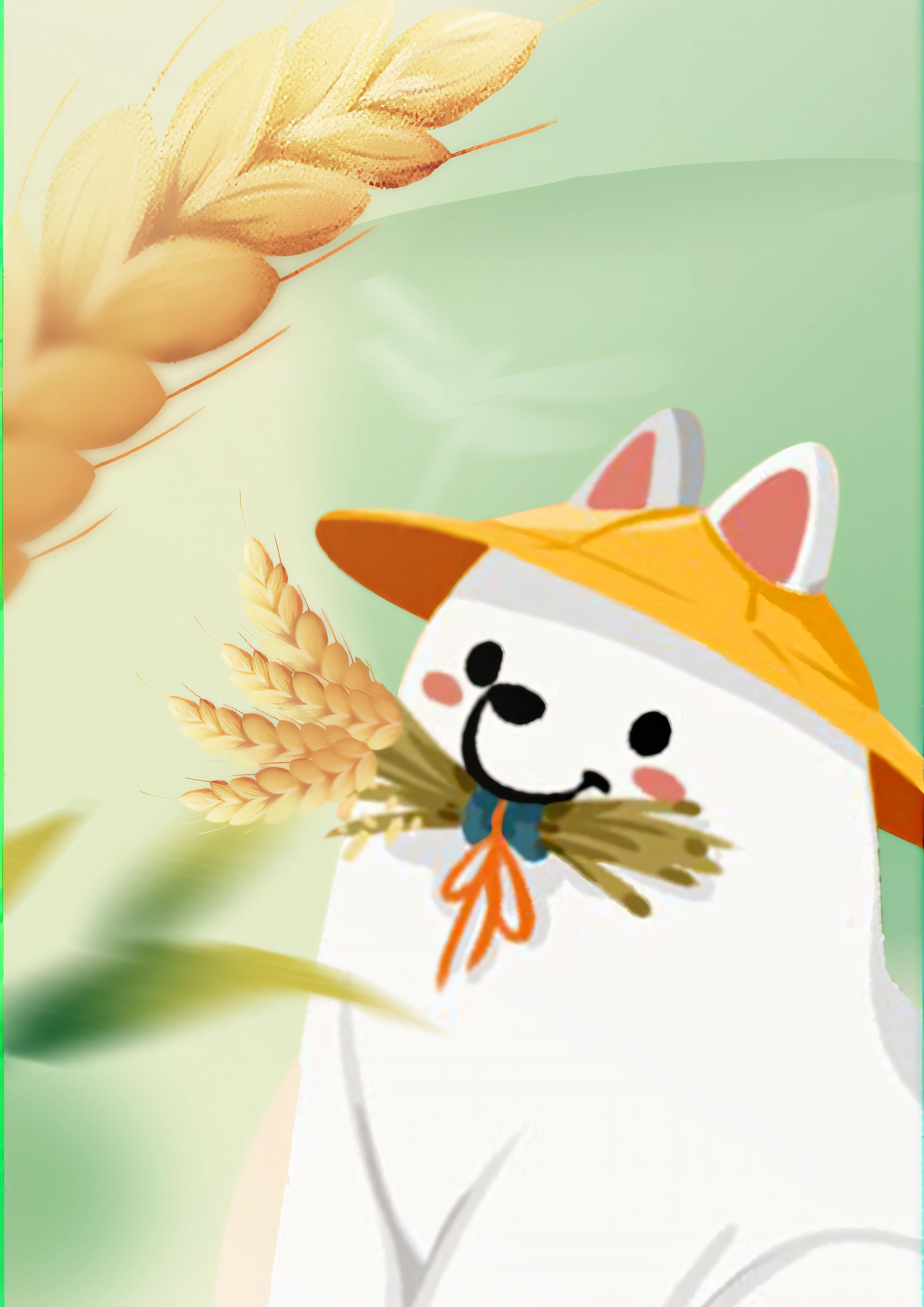 One wore a hat，White cat with a bunch of wheat in his hand, Danbru, edgBunny_charactor, shikamimi, negao, Harvest, straw, 🍁 kawaii, inspired by Kanbun Master, animal wearing a hat, cereal mascot, smol fluffy cat wearing smol hat, anime visual of a cute cat, inspired by Bian Shoumin, Avatar image
