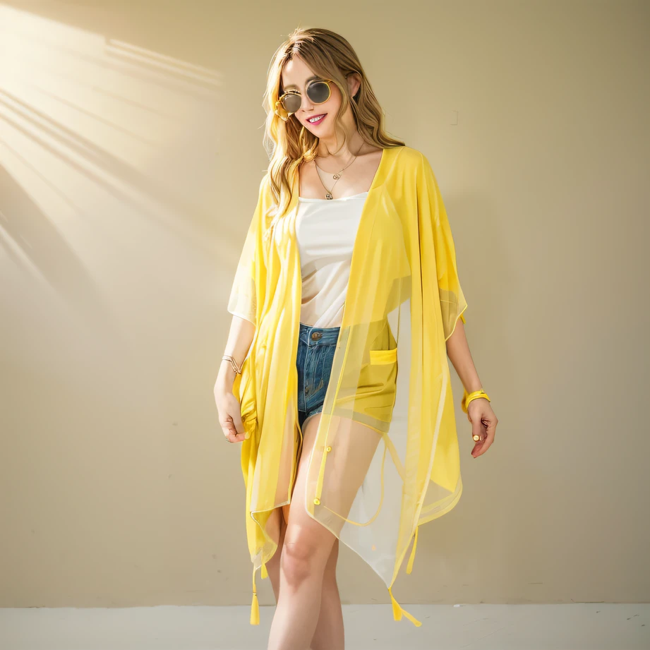 ((masterpiece)), best quality, sun is shining,a women,sun glasses,Wearing a yellow vest, Light yellow, robe, Yellow cloth, Wheat yellow gauze, Lustrous yellow, yelow, yellow mist, pale and coloured kimono, Chiffon, in kimono, yellow aura, Yellow and white poncho, Translucent yellow lace, Bright panoramic view --auto