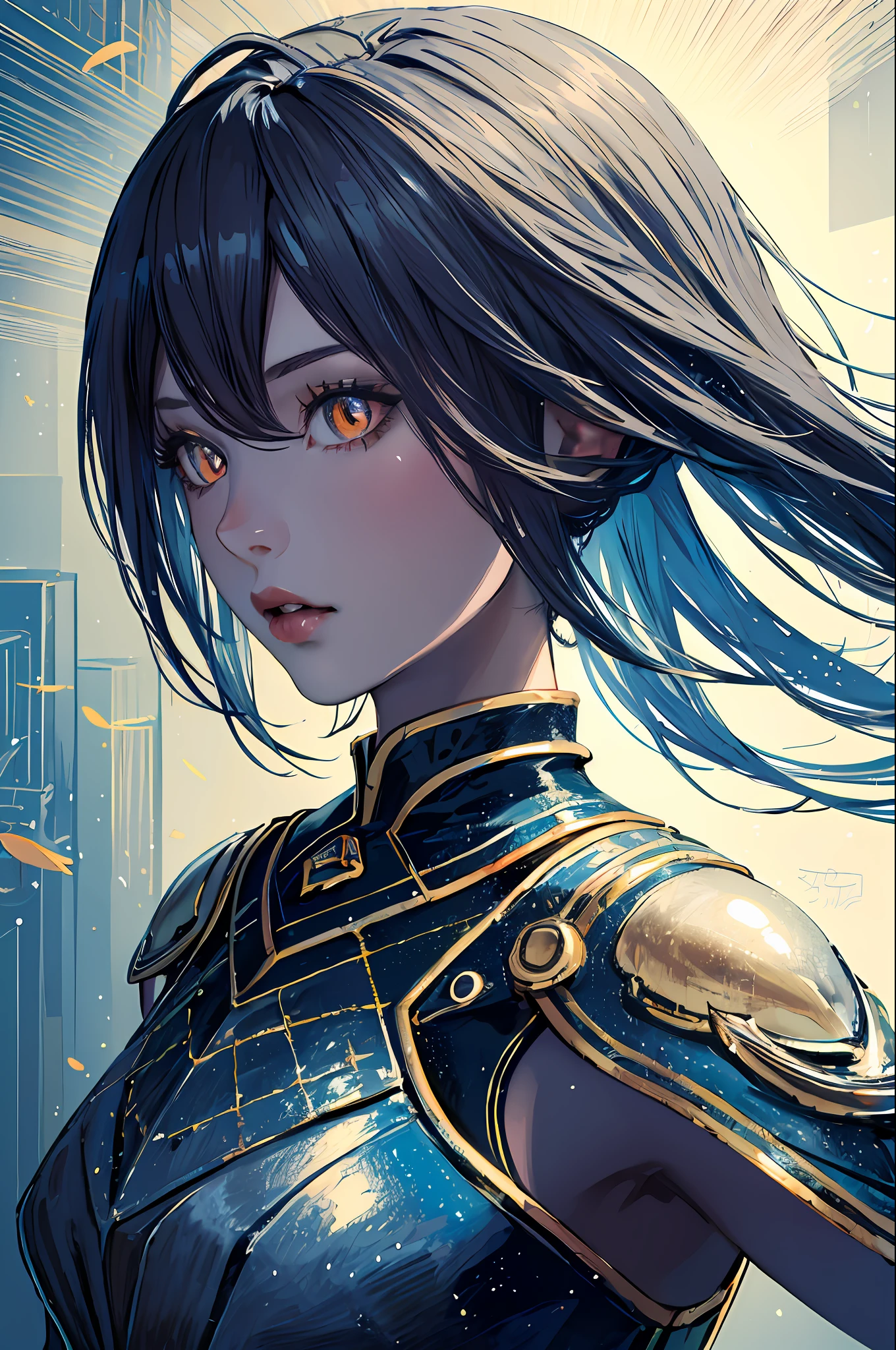 (masterpiece, top quality, best quality, official art, beautiful and aesthetic:1.2), cateyes,1girl, solo, armour, magic, light particles, upper body, extreme detailed, highest detailed, optical mixing, playful patterns, lively texture, unique visual effect