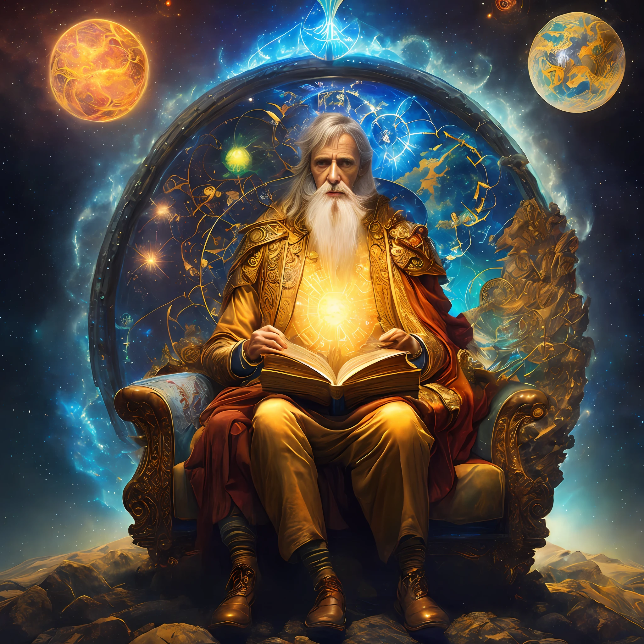 ((Best quality, 8k, Masterpiece: 1.3)), Sharp focus: 1.2, Image of a man sitting in a chair holding a book, science fantasy painting, the creator of the universe, wizard pondering his orb, lighting tripping over DMT, the creator of Earth, God of time and space, Ernst Haeckel and artgerm, paper awesome wallpaper, Tolkien and Michael Komarck, visionary art style, ancient mystical time lord