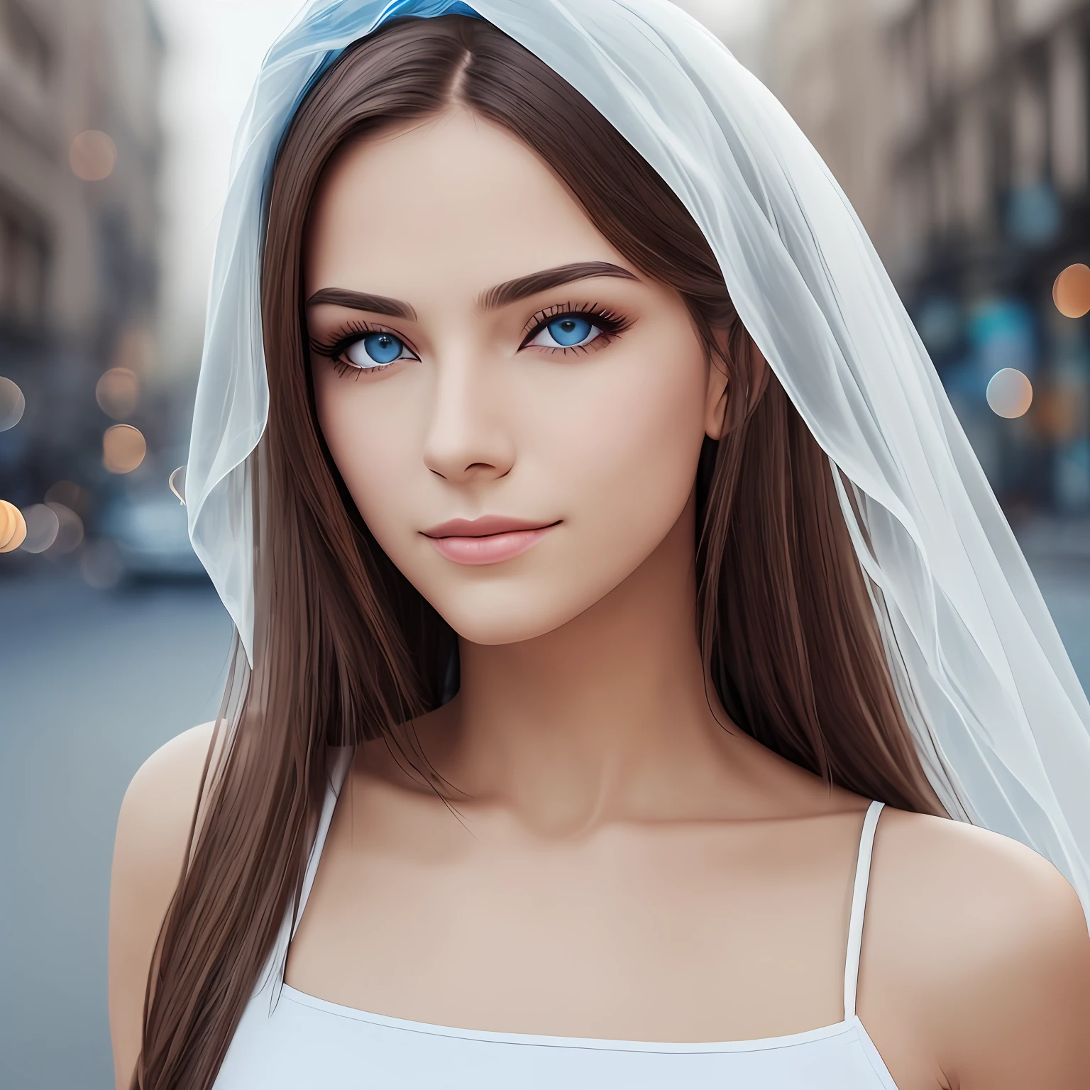 blond woman with blue eyes and a veil on her head, soft portrait shot 8 k, photorealistic beautiful face, 8k portrait render, realistic beautiful face, beautiful realistic face 1.4, Slim Abs: 1.1, ((Dark brown hair)), (White crop top: 1.4), (Outdoor, Night: 1.1), City streets, Super fine face, Fine eyes, Double eyelids, --auto