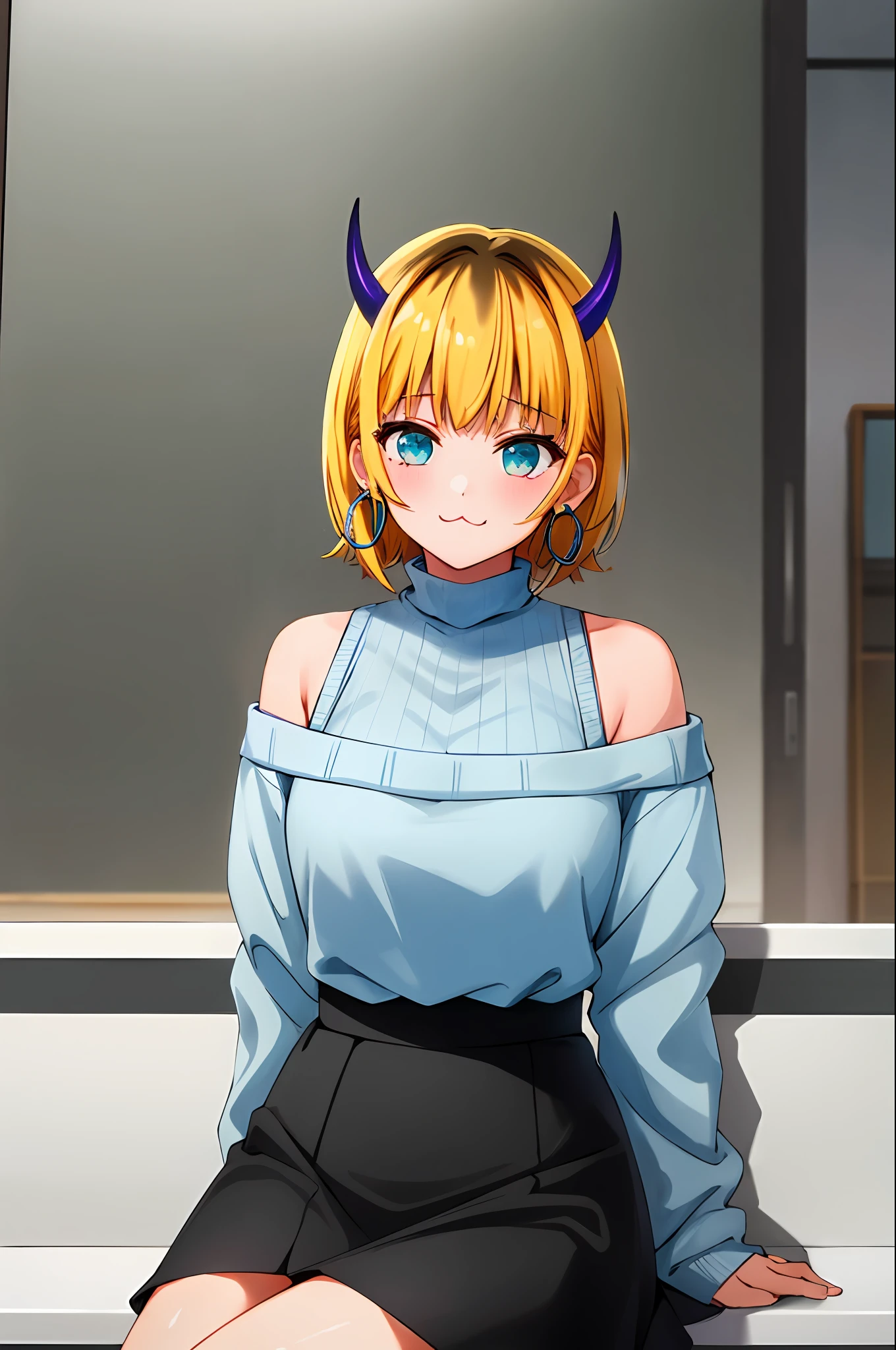masterpiece, high quality, highres, memcho, indoors, cowboy shot, black skirt, shirt, off shoulder, off-shoulder sweater, (light blue sweater:1.2), (tiny horns), (:3:1.2), sleeveless shirt, high neck sleeveless shirt, black shirt, sweater, sweater sleeves past wrists, sitting, hoop earrings, medium breasts