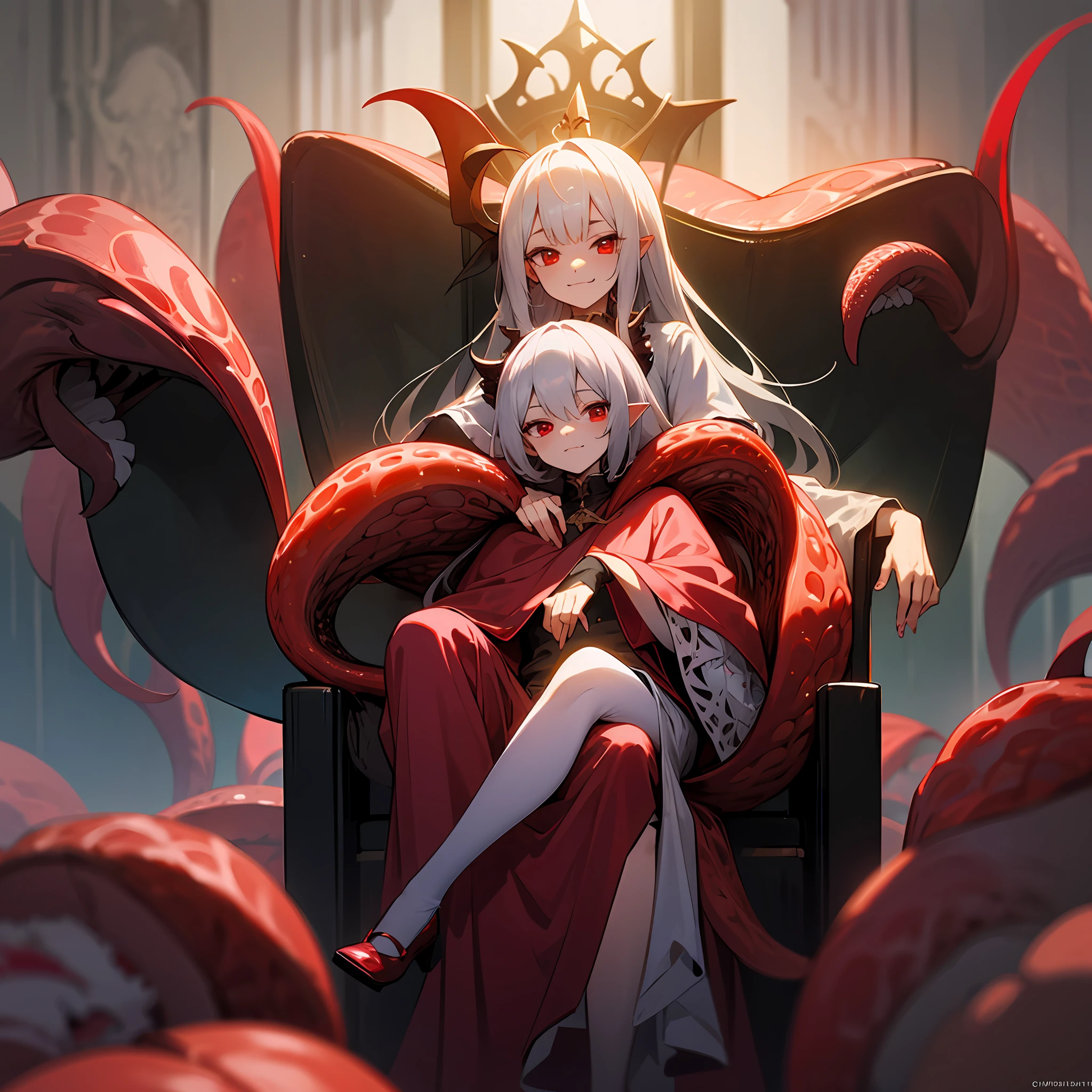 Vampire)((Gray hair))(fang)(red eyes eyes)(((Poor milk)))((chiquita))(Dressed in a fuchsia ta costume)(Childish)(Sinister smile)Obediently sat on the throne,listless,Ignorant and understanding,((The characters are very delicate))There is flesh and blood in the background,The feeling of the Meat Forest Wine Pool Tentacles stretch out from both sides of the throne,Behind him is a bloody red Cthulhu monster --auto