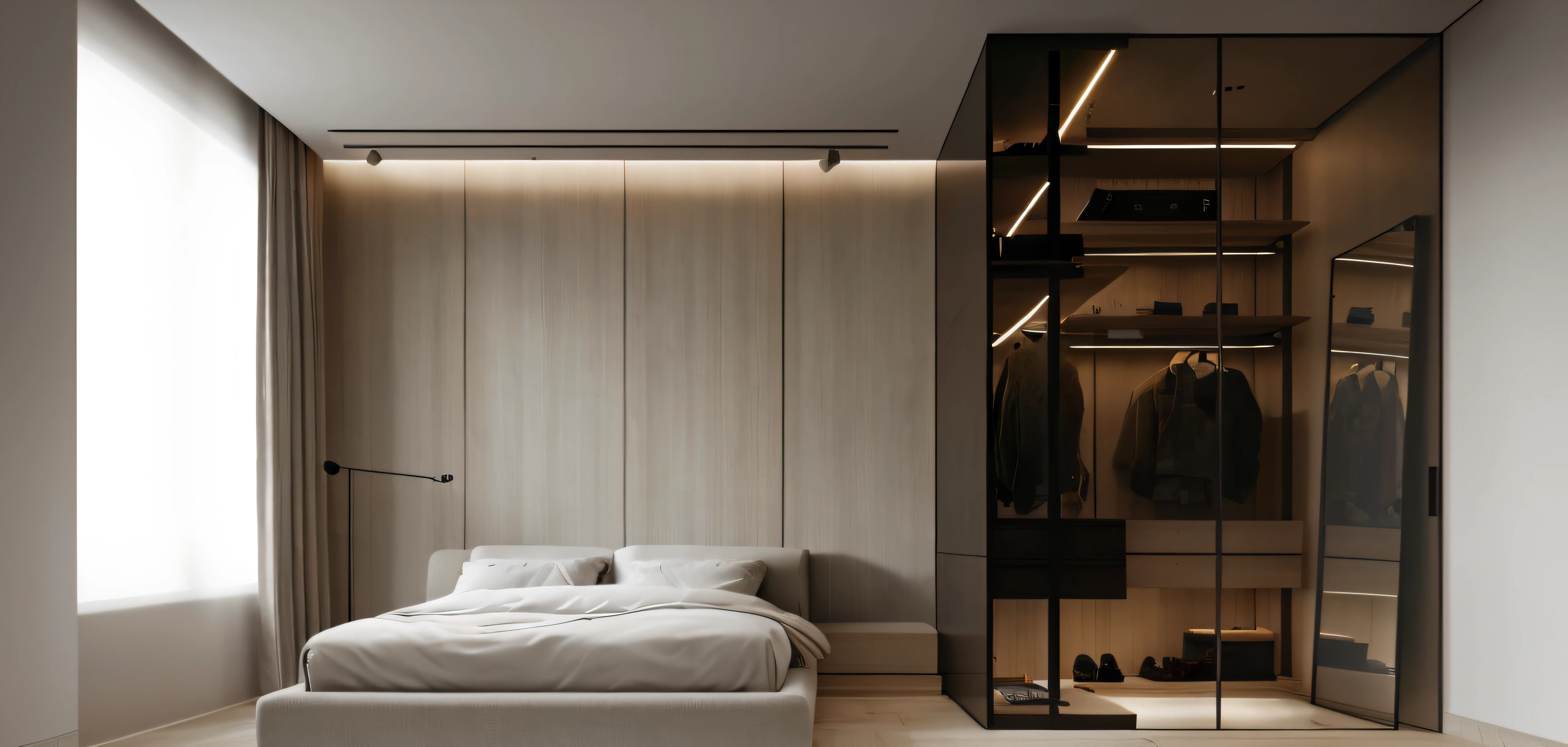 a view of a bedroom with a bed, , Modern minimalist, minimalistic and beautiful, Bed room, cinematic accent lighting,minimal modern, low details and clean lines --auto