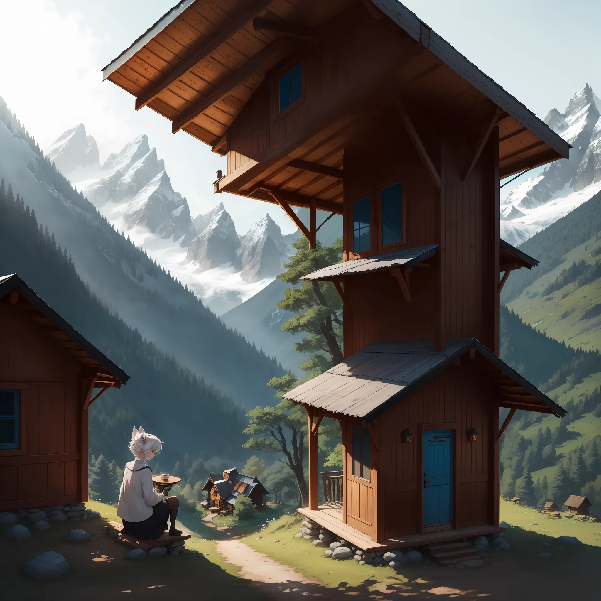 (Nine-tailed fox girl)(Poor milk)(Lively)(short-length hair)(Dressed in JK)(White hair)(Curls)(Blue background tone)Presumptuously sitting on stones,The background is deep in the mountains,There is a wooden house at the rear,It has nine tails on the back --auto