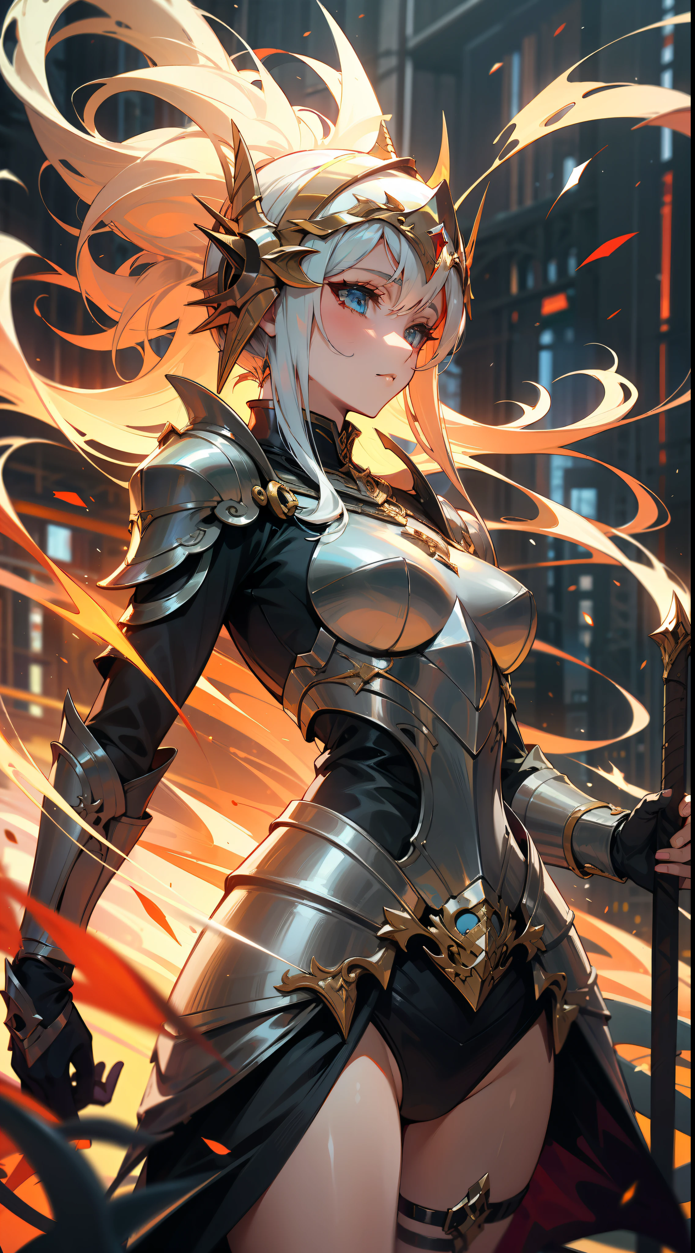 Uma mulher de armadura medieval, seios grandes, cabelos de serpente e olhos cinzentos, em uma cidade medieval em chamas, Sky on fire, segurando uma espada de fogo