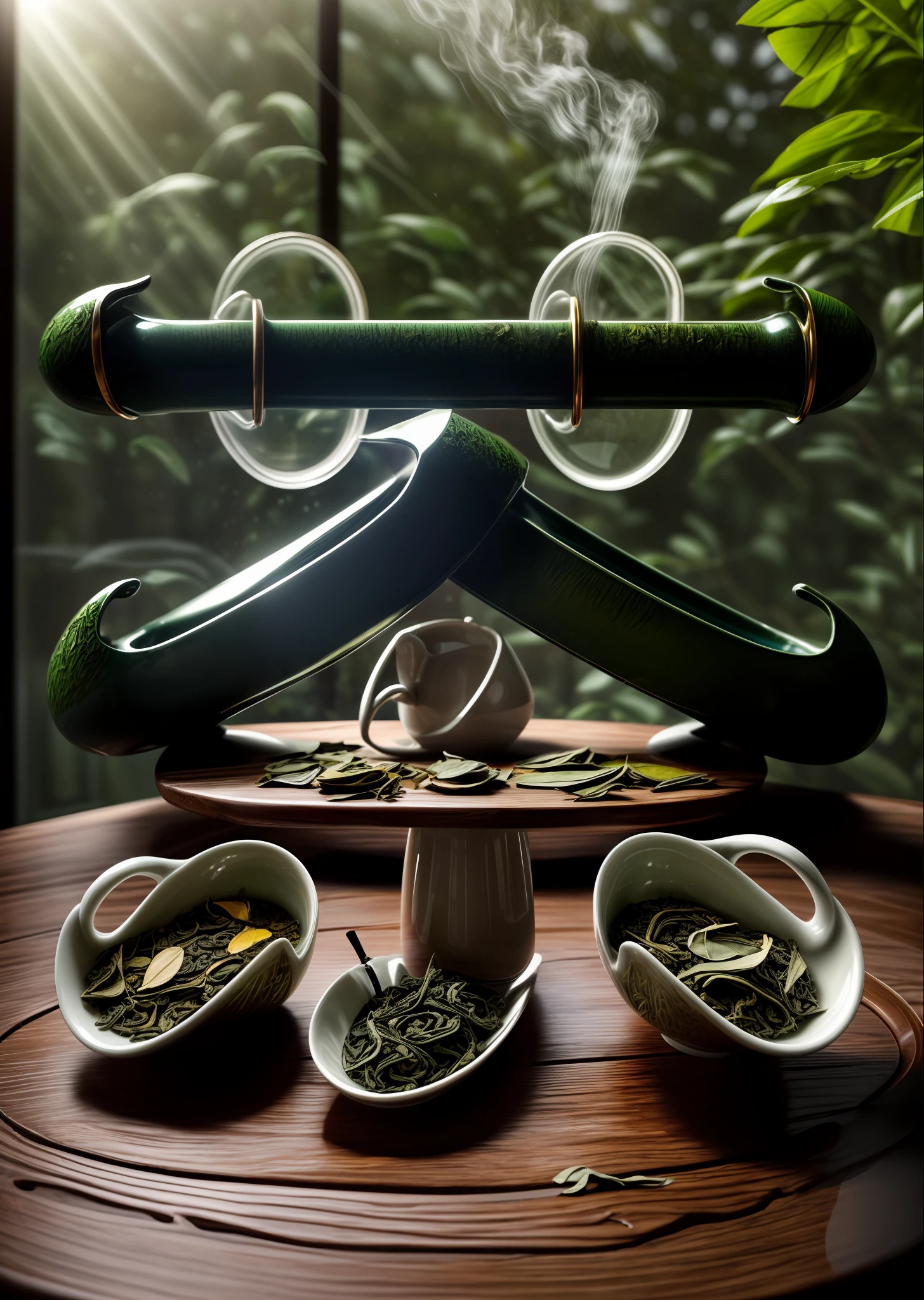 (巨作:0.9),Best quality,(Photorealistic:1.4),8K,The ultra-great resolution,Delicate texture,(high brightness:1.2),(Bright tones:1.3),Pretty soft shadows,A nice and welcoming room,Sunlight shines through the window,drapes,windows,desks,muri,Greenery,tree branch,A steaming ceramic teacup is placed on the table,A teapot and teacup proportional to the table,Wooden table,(Huge and delicate ceramic teapot:1.2), (Tea:0.8),Ripples,(green tea leaves:1.4),(steaming:1.1),leaf,tea leaves,The word tea floats over the teacup