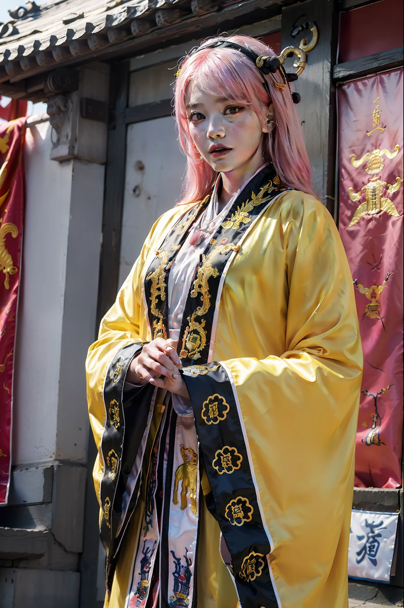 ((masterpiece), (best quality), ultra high res, (raw photo:1.2), (photorealistic:1.4), Exceptional detail, dramatic lighting, highres,   8k, absurdres, solo, 
CNGirl_2, 1girl, ((pink hair)), close up, daoist_robe, yellow daoist robe,  Chinese Temple, fantasy, incense, long hair, looking at viewer,