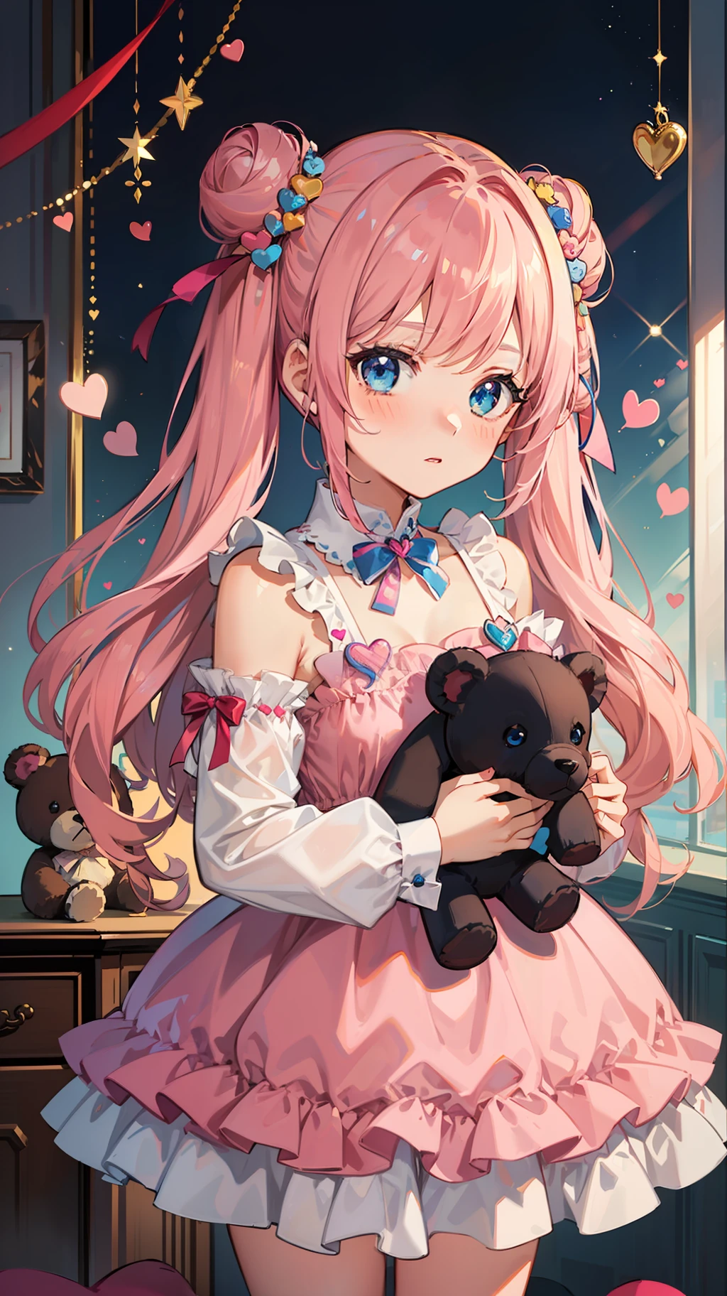 a female character standing holding a stuffed animal and surrounded by small candy hearts, 1girl, pink hair, blue eyes, solo, heart hair ornament, twintails, blush, stuffed toy, double bun, dress, heart, stuffed animal, pink dress, looking at viewer, long hair, teddy bear, hair ornament, hair bun