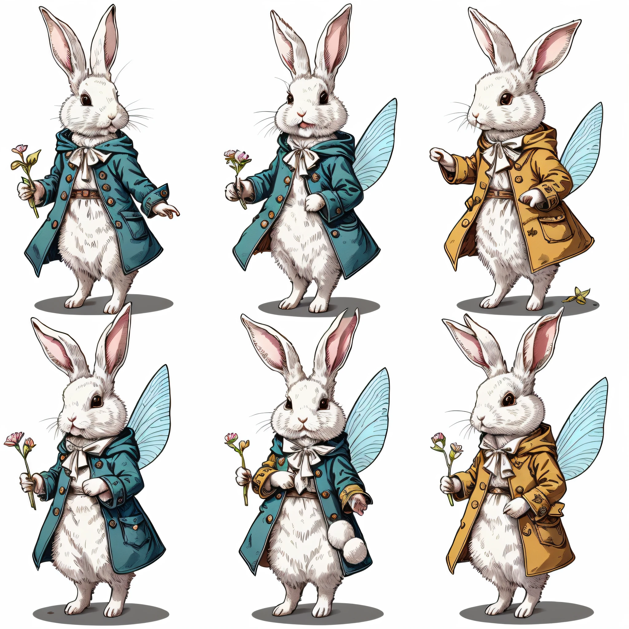 Multiple Pose、Multiple facial expressions、Rabbit in a coat、White rabbit、Bipedal、Rabbit personification、3 head body、a Pretty、Setting image、Multiple poses and expressions,White background、Fairy tale drawings、Two rabbit ears、colored illustration、Configuration Materials、Colorful colors、Deformed rabbit、18th century French clothing、