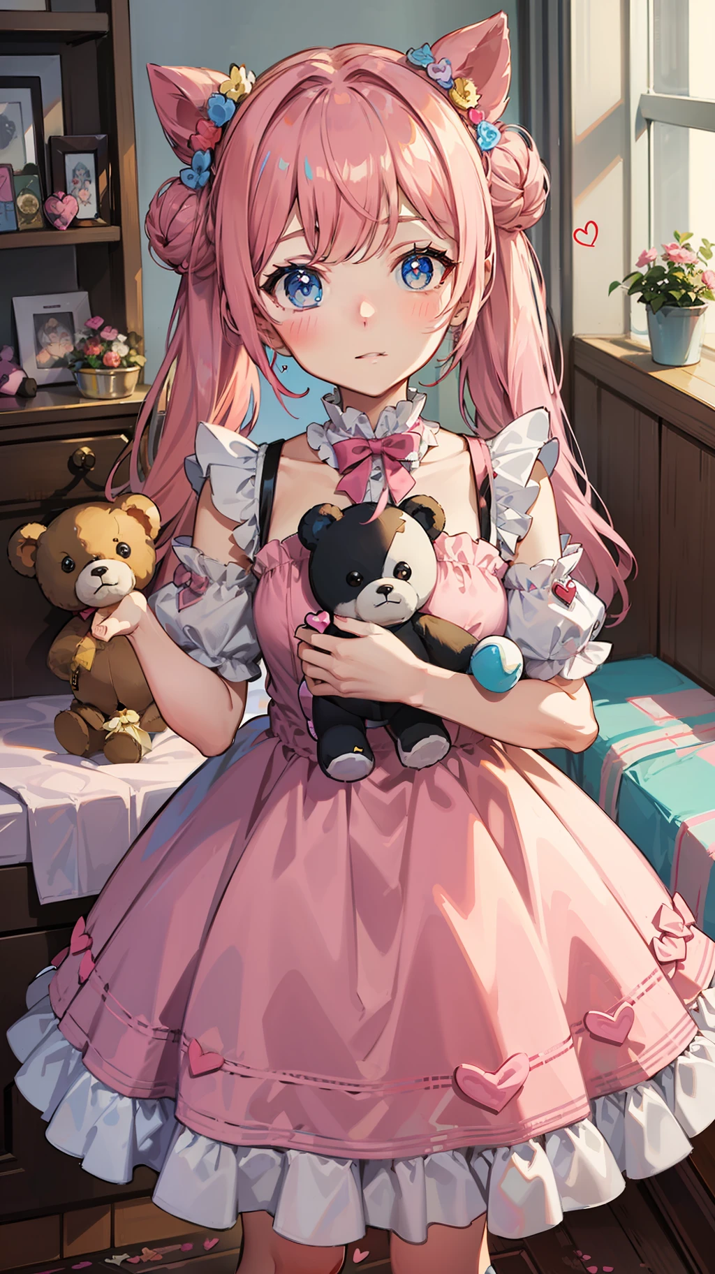 a female character standing holding a stuffed animal and surrounded by small candy hearts, 1girl, pink hair, blue eyes, solo, heart hair ornament, twintails, blush, stuffed toy, double bun, dress, heart, stuffed animal, pink dress, looking at viewer, long hair, teddy bear, hair ornament, hair bun