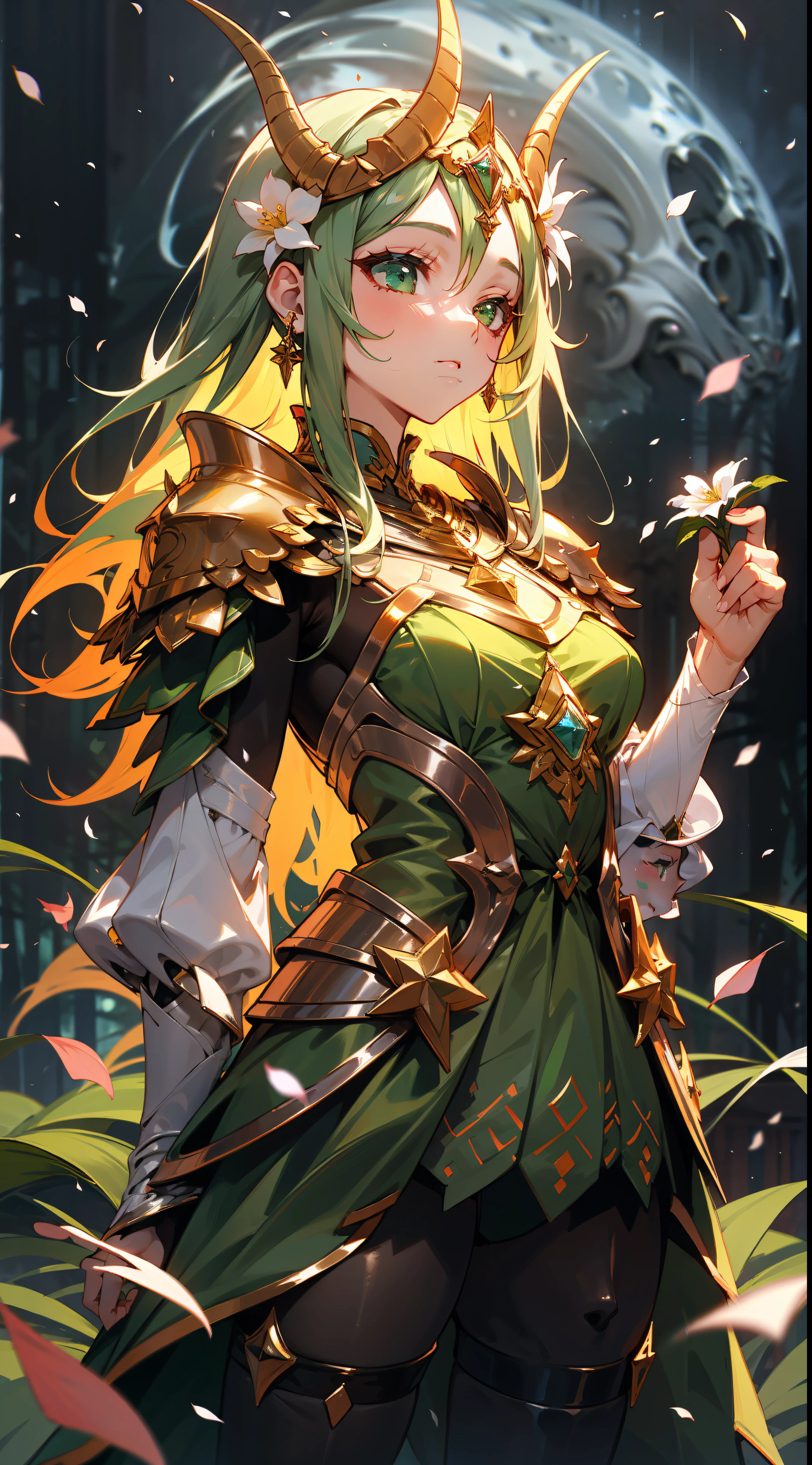 Uma deusa da floresta com uma coroa de flores, wearing colorful green Dress armor with flower petals and shiny jewelry, em uma floresta de folhas azuis, with cosmic sky
