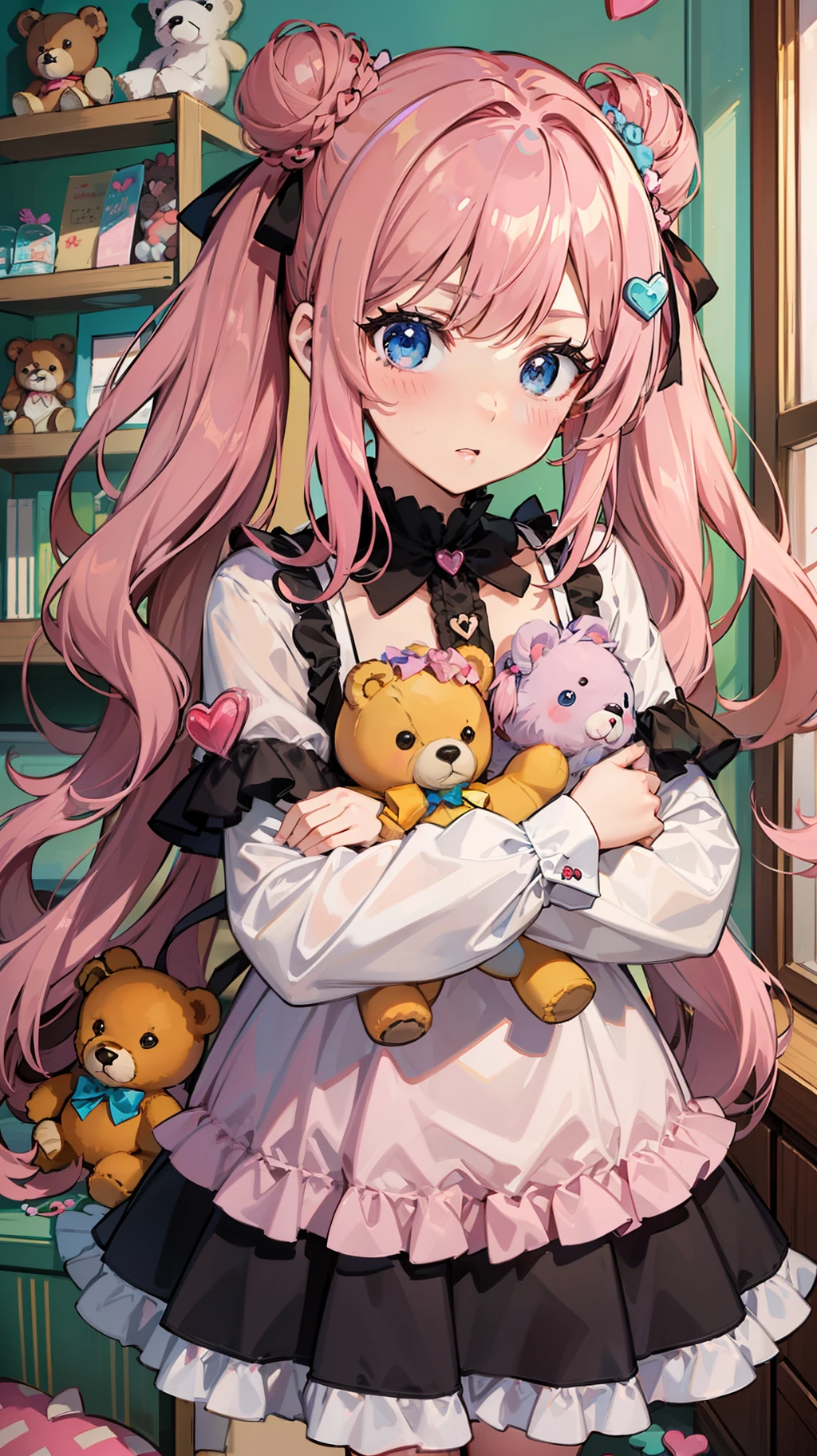 a female character standing holding a stuffed animal and surrounded by small candy hearts, 1girl, pink hair, blue eyes, solo, heart hair ornament, twintails, blush, stuffed toy, double bun, dress, heart, stuffed animal, pink dress, looking at viewer, long hair, teddy bear, hair ornament, hair bun