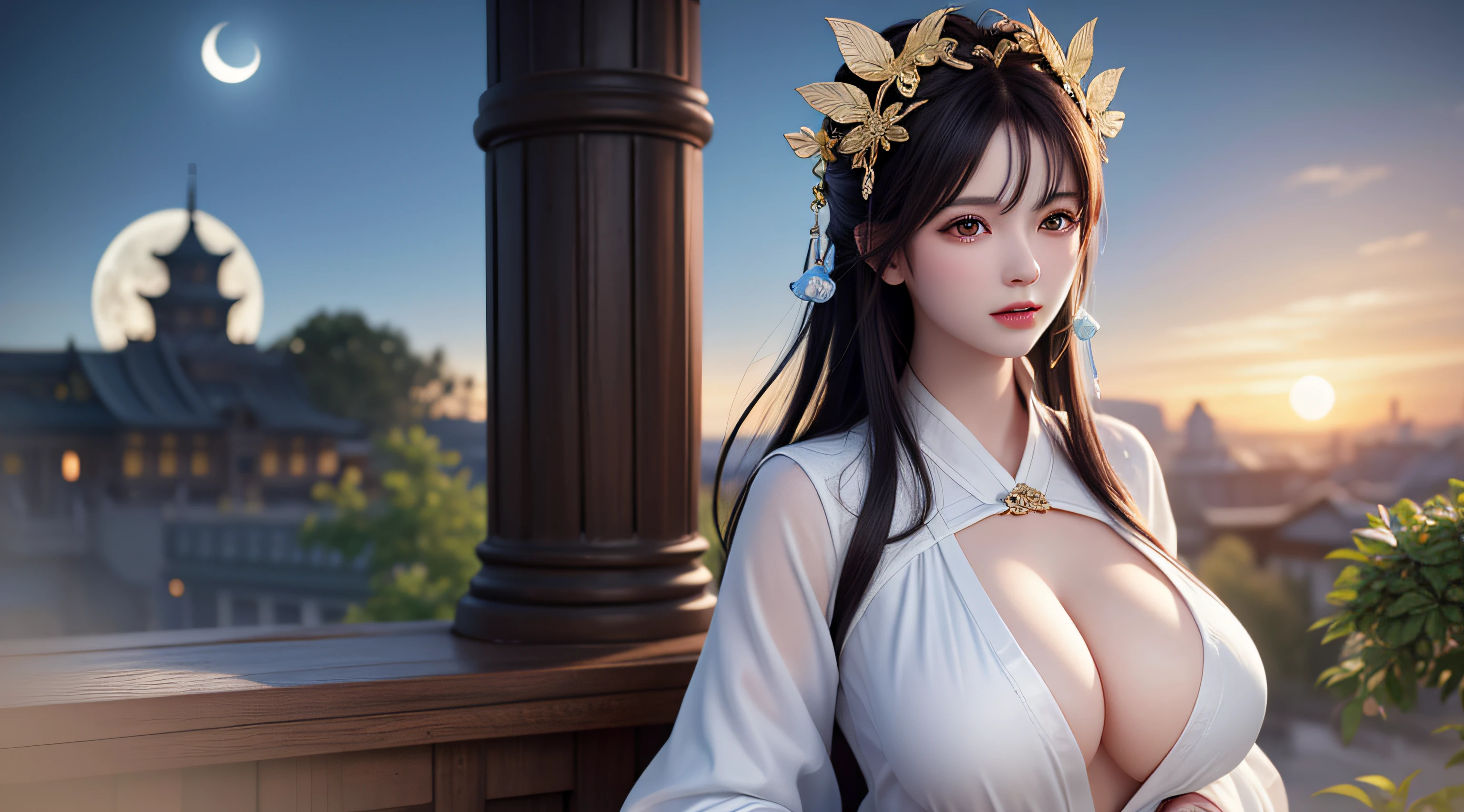 (8k, RAW photo:1.2), best quality, ultra high res,dramatic angle,(fluttered detailed color splashs), (illustration),(((1 girl))),(long hair),(rain:0.9), (headware:1.4),There is an ancient palace beside the girl,Hanfu,(focal point),color Ink wash painting,(Splash color),Splash color,(((colorful))),(sketching:0.8) , Masterpiece, best quality, beautiful painted, highly detailed,(denoising:0.6),[splash ink],((ink refraction)), (beautiful detailed sky),moon,highly,detaild,(masterpiece, best quality, extremely detailed） CG unity 8k wallpaper，杰作，best possible quality，Ultra detailded），（Stone garlic），Giant tits，Open chest