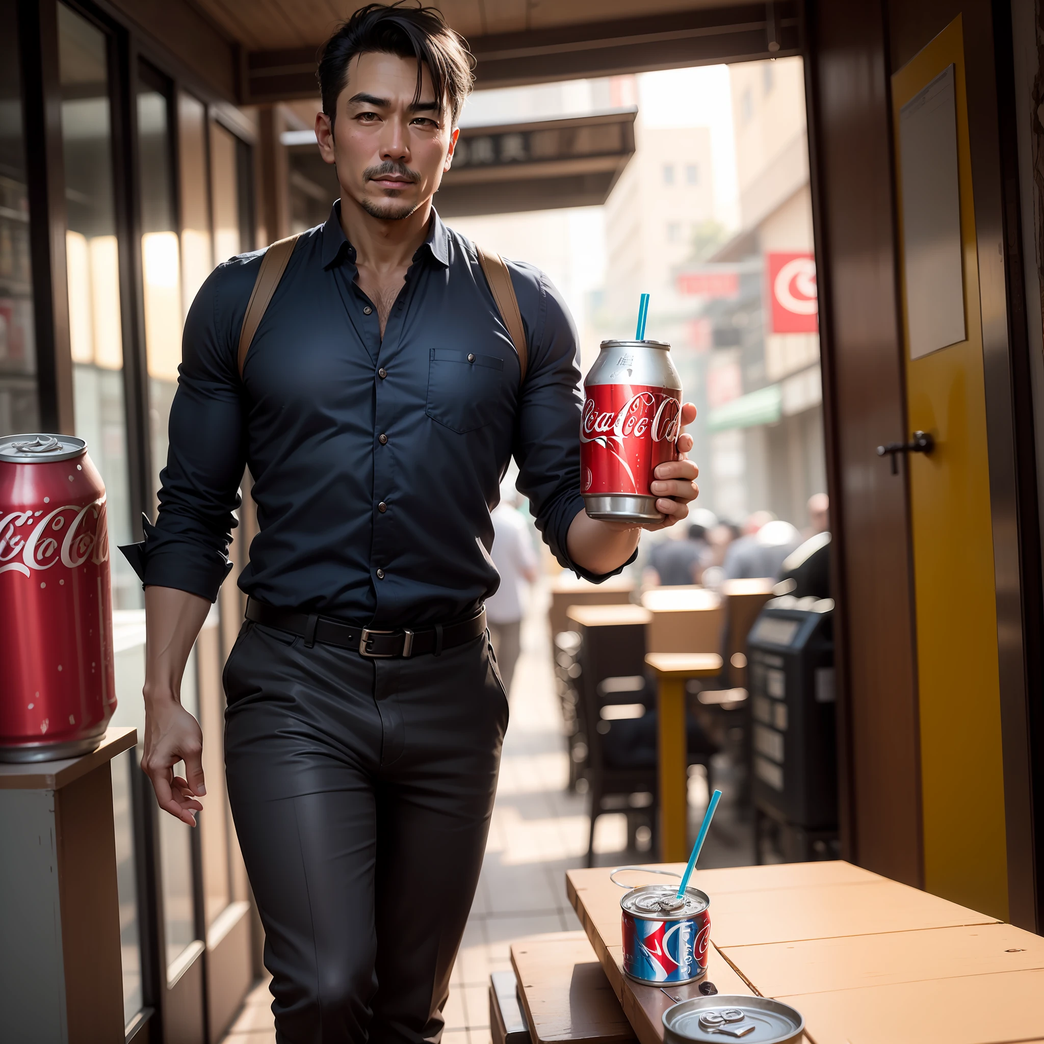 An uncle，Handsome，Drink canned Coke，Full body photo，The lower body glows，best qualitiy，杰作，intensely detailed，