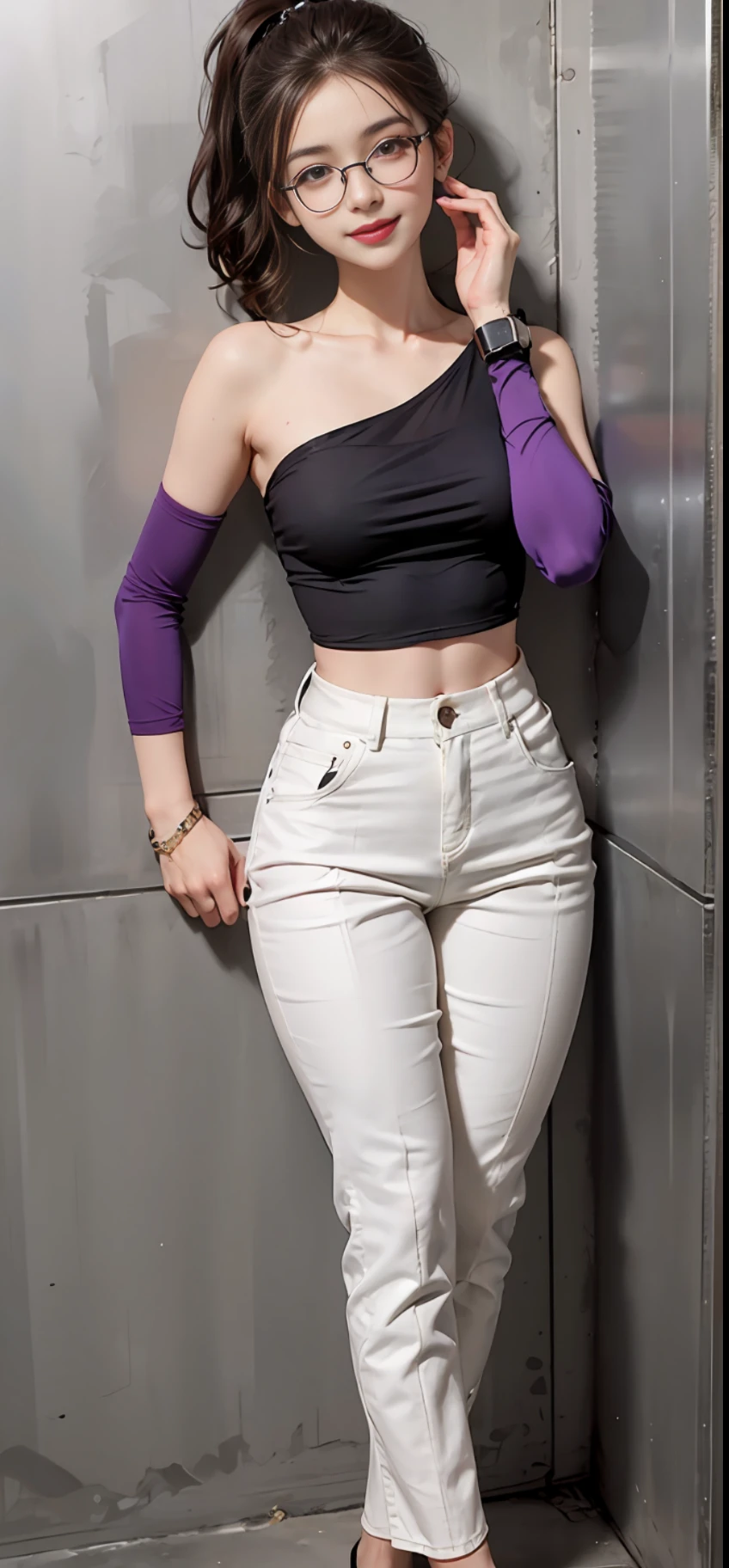 Onegirl，Brunette ponytail，against wall，Smile and gaze，eye glass，Purple fashion top，Exposed shoulder，Full body photo，Photo pose，thin waists，Slim figure，Cutes，sexly，with big eyes，Light eyebrows，middle breasts，Watches，Thin leg，