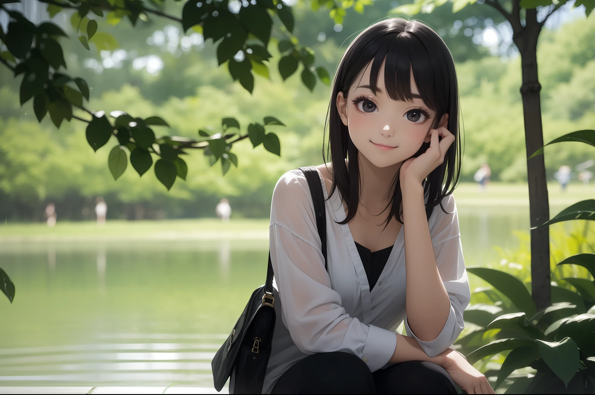 Shot in a tourist spot where you can feel summer、yama、lakesides、Forest bathing、(Realistic:1.2)、pastel painting、(blur:1.7)、(bfptty:1.3)、
absurdist, Hi-Res, ultra detaild, (Cute 1 girl:1.3)、dark brown disheveled hair、transparent haired、(Beautiful cute black eyes:1.3)、Beautiful skins、(Makeup:1.1)、smile on face、独奏、Dynamic Angles、Bento、Travel attire、Refreshing、