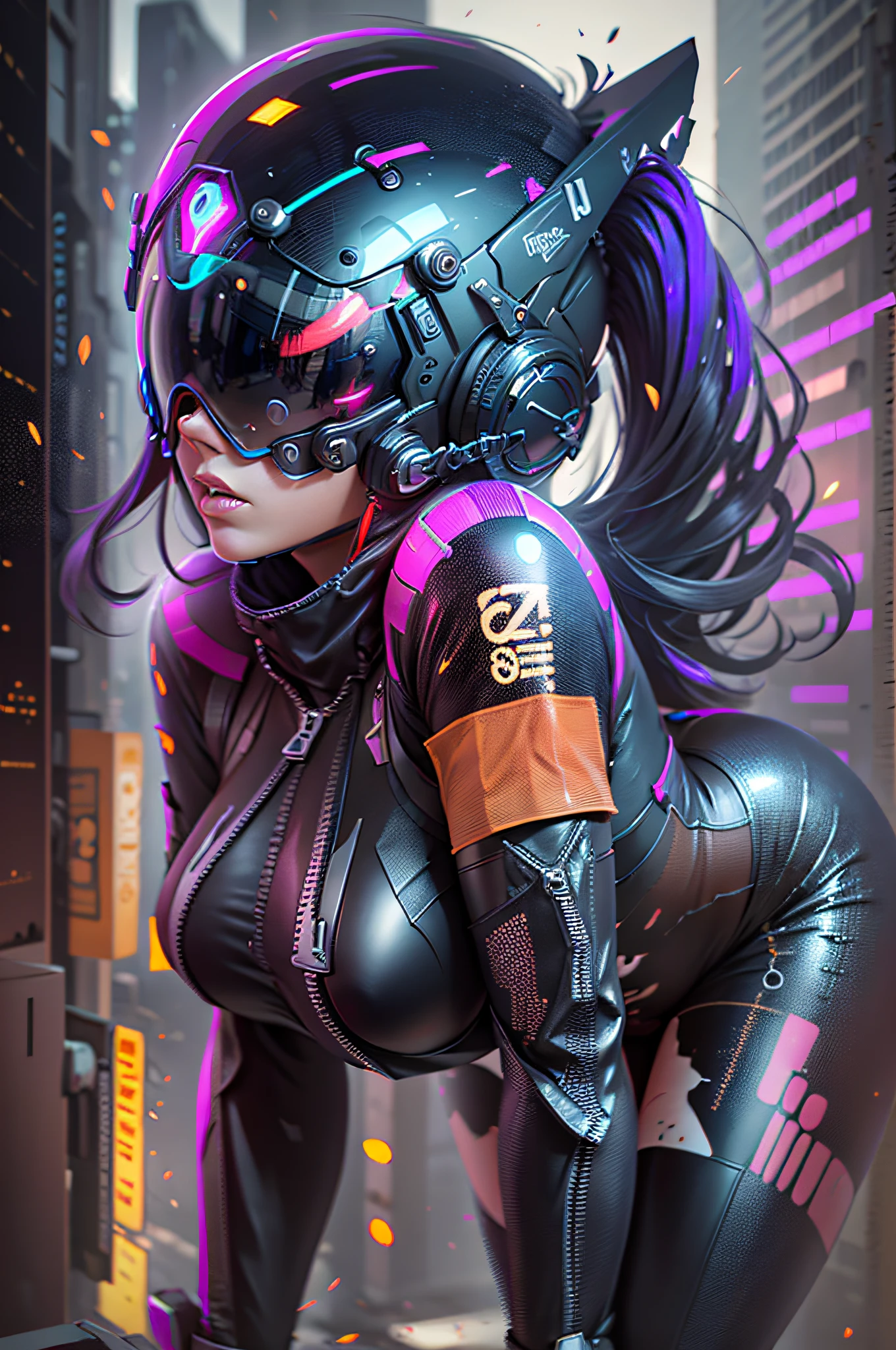 solo, Raw photo, realistic, masterpiece, best quality, high resolution, ultra detailed, offical arts, unity 8K wallpaper, offical wallpaper, moody atmosphere, chiaroscuro, celty, 1girl,1female, helmet, bodysuit, black bodysuit, skin tight, biker clothes, animal ears, bikesuit, leather, large breasts, night, moonlight, gloves, (((unzipping))), innerboob, pose, a person in a cyberhelmet, white cyberhelmet, fantastic, close up, motion lines, buttom up top down, bent over, hyper detailed, neon lights, neon colors, cyberpunk, reflections, shining, sparks, shy and seductive posture arching your back down,