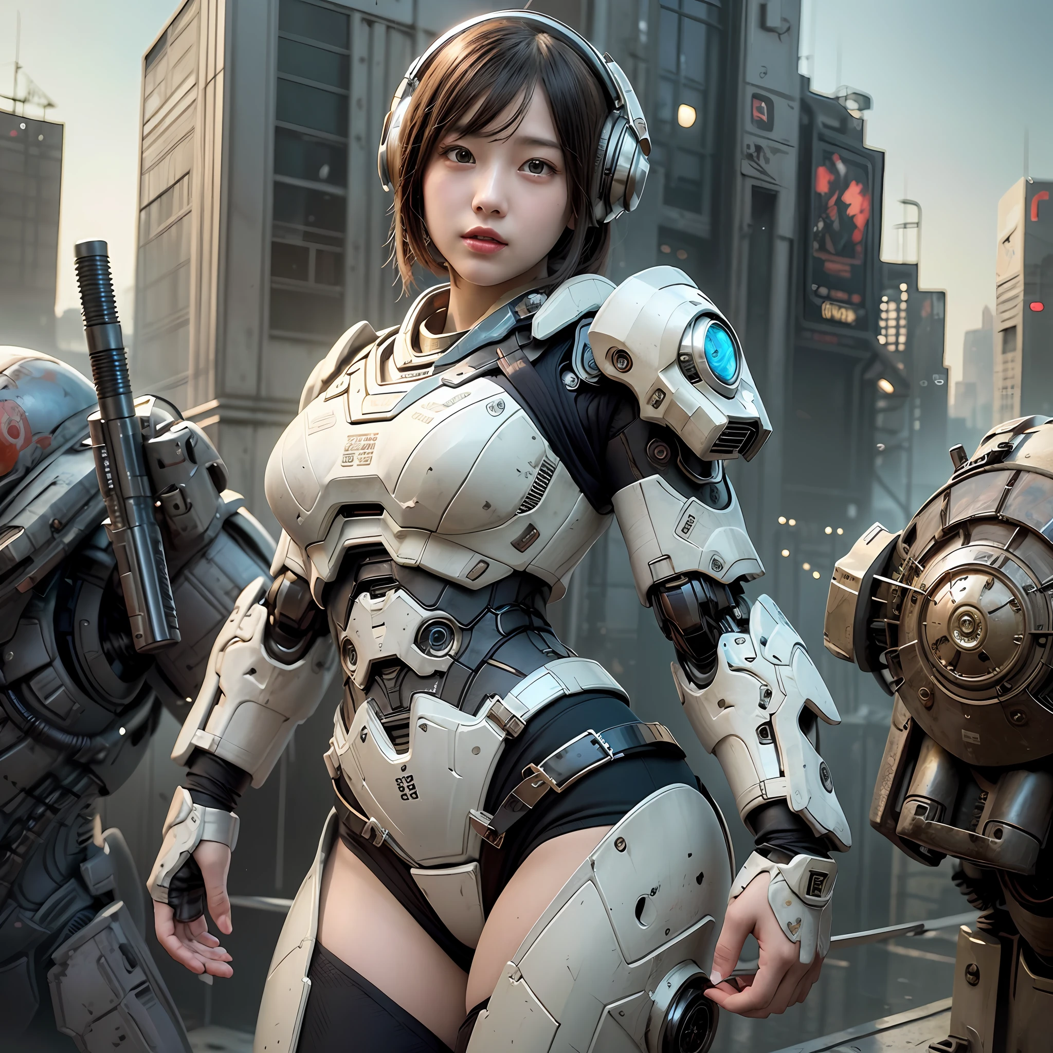 Cute girls as Doom Slayer、realistic scifi cyberpunk power armor robot、bikinis、Cinematic、8K、slt、((with intricate details、hyper detailed))、(Cinematic:1.3)、(Art Station:1.3)、full full body