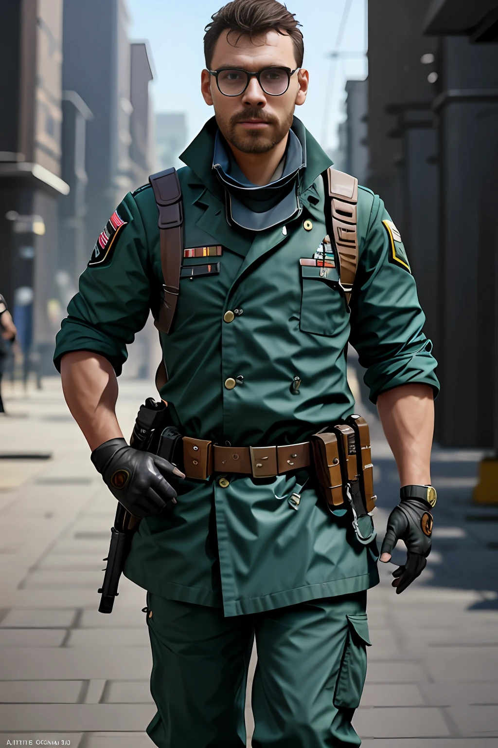 guttonerdvision6, Soldado Arafed com uma metralhadora em uma rua da cidade, Wojtek FUS, roupa de soldado, Soldado, detailed game art illustration, Man in glasses, Soldados monarquistas, Closeup da arte do personagem, Portrait of a bespectacled soldier, Directed by: Tadeusz Pruszkówski, Arte conceitual do jogo FPS, Unreal 5. retrato de rpg, Amazing 8K character concept art, inspired by Piotr Michałowski