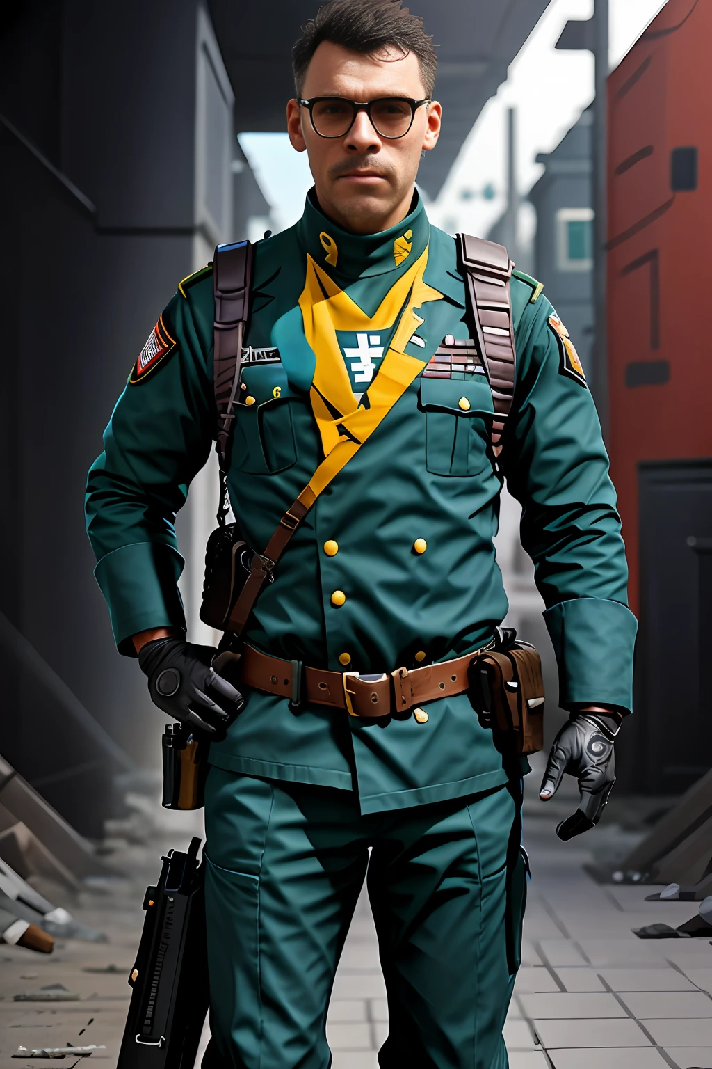 guttonerdvision6, Soldado Arafed com uma metralhadora em uma rua da cidade, Wojtek FUS, roupa de soldado, Soldado, detailed game art illustration, Man in glasses, Soldados monarquistas, Closeup da arte do personagem, Portrait of a bespectacled soldier, Directed by: Tadeusz Pruszkówski, Arte conceitual do jogo FPS, Unreal 5. retrato de rpg, Amazing 8K character concept art, inspired by Piotr Michałowski