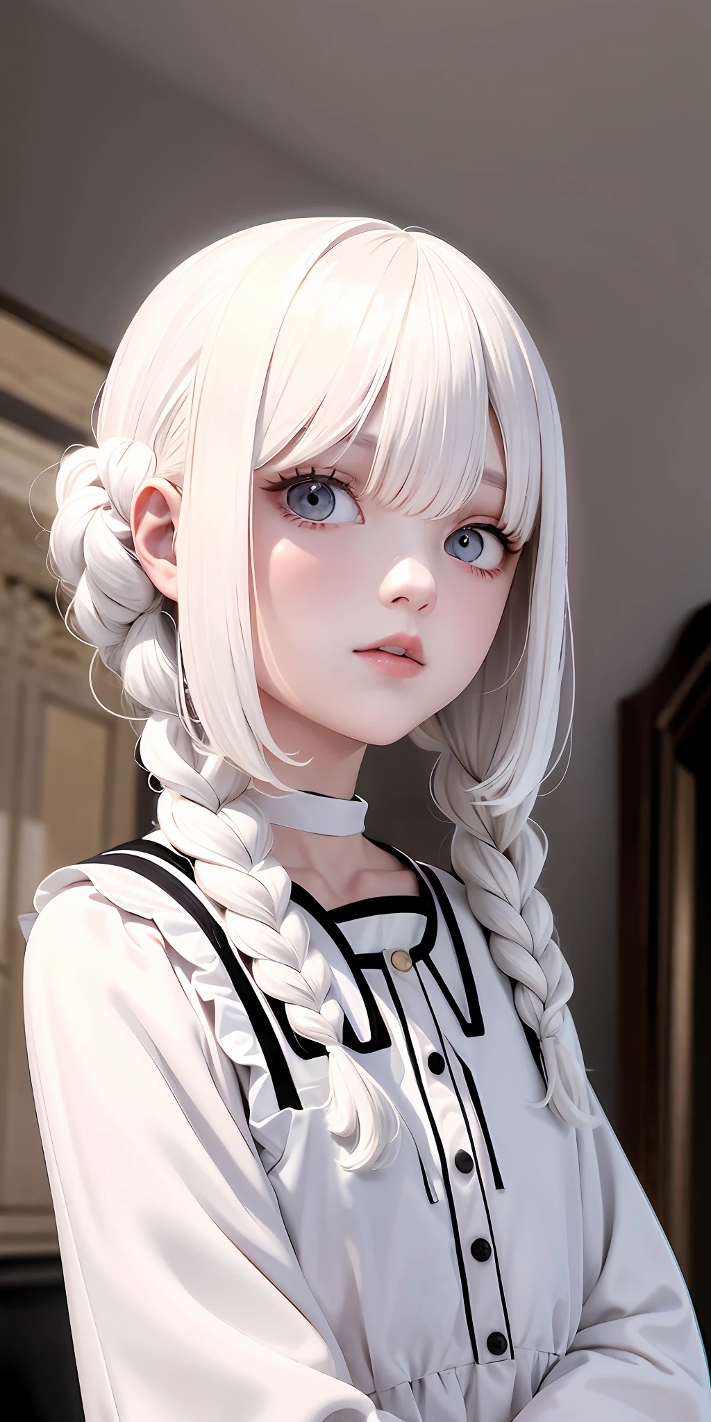 best quality, masterpiece,white hair, gold eyes,white clothes, looking up, upper body,hair strand,Fair skin,side braids