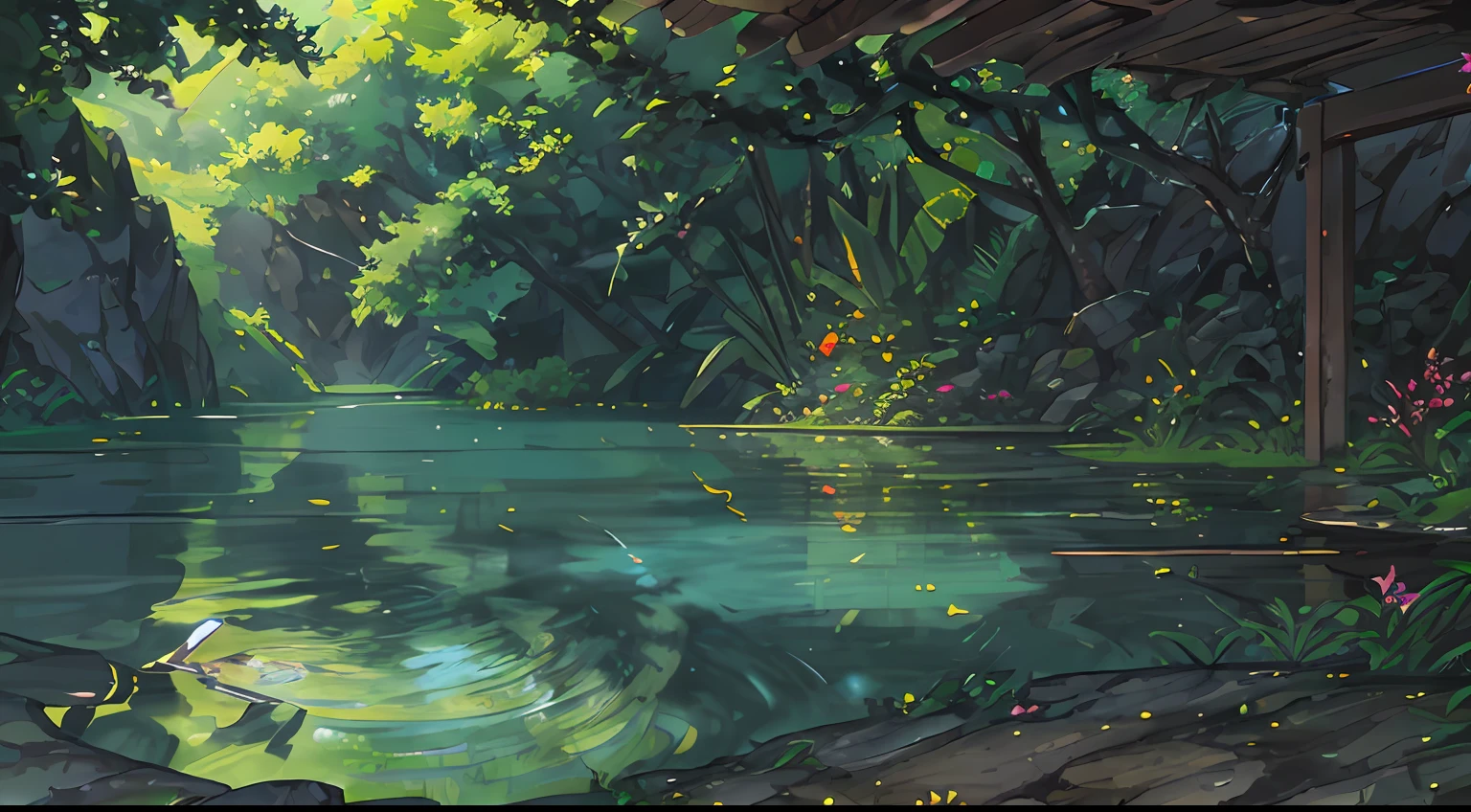 Chinese ancient times, spring, jungle, lake, cave, waterfall, tree, meadow, rock, deer, hot spring, water vapor, (illustration: 1.0), epic composition, realistic lighting, HD details, masterpiece, best quality, (very detailed CG unified 8k wallpaper)