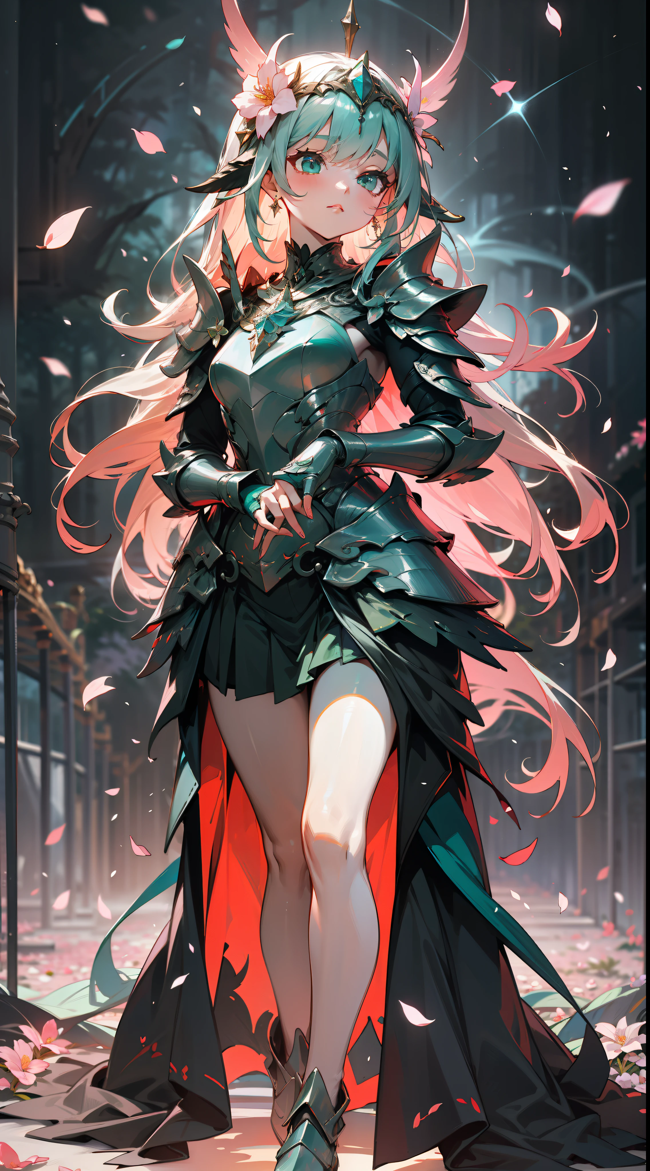 Uma deusa da floresta com uma coroa de flores, full body, wearing colorful teal Dress armor with flower petals and shiny jewelry, em uma floresta de folhas azuis, with cosmic sky