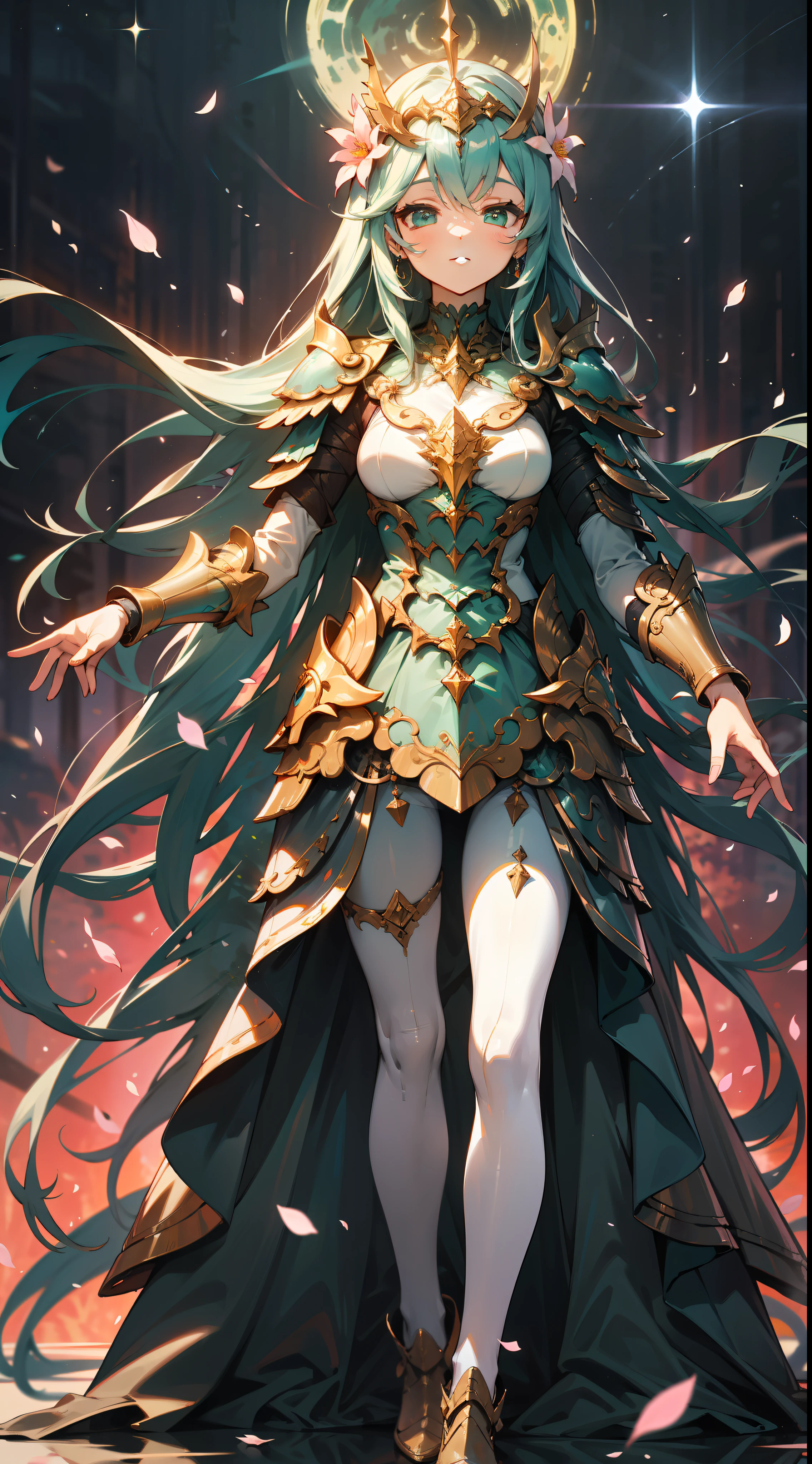 Uma deusa da floresta com uma coroa de flores, full body, wearing colorful teal Dress armor with flower petals and shiny jewelry, em uma floresta de folhas azuis, with cosmic sky