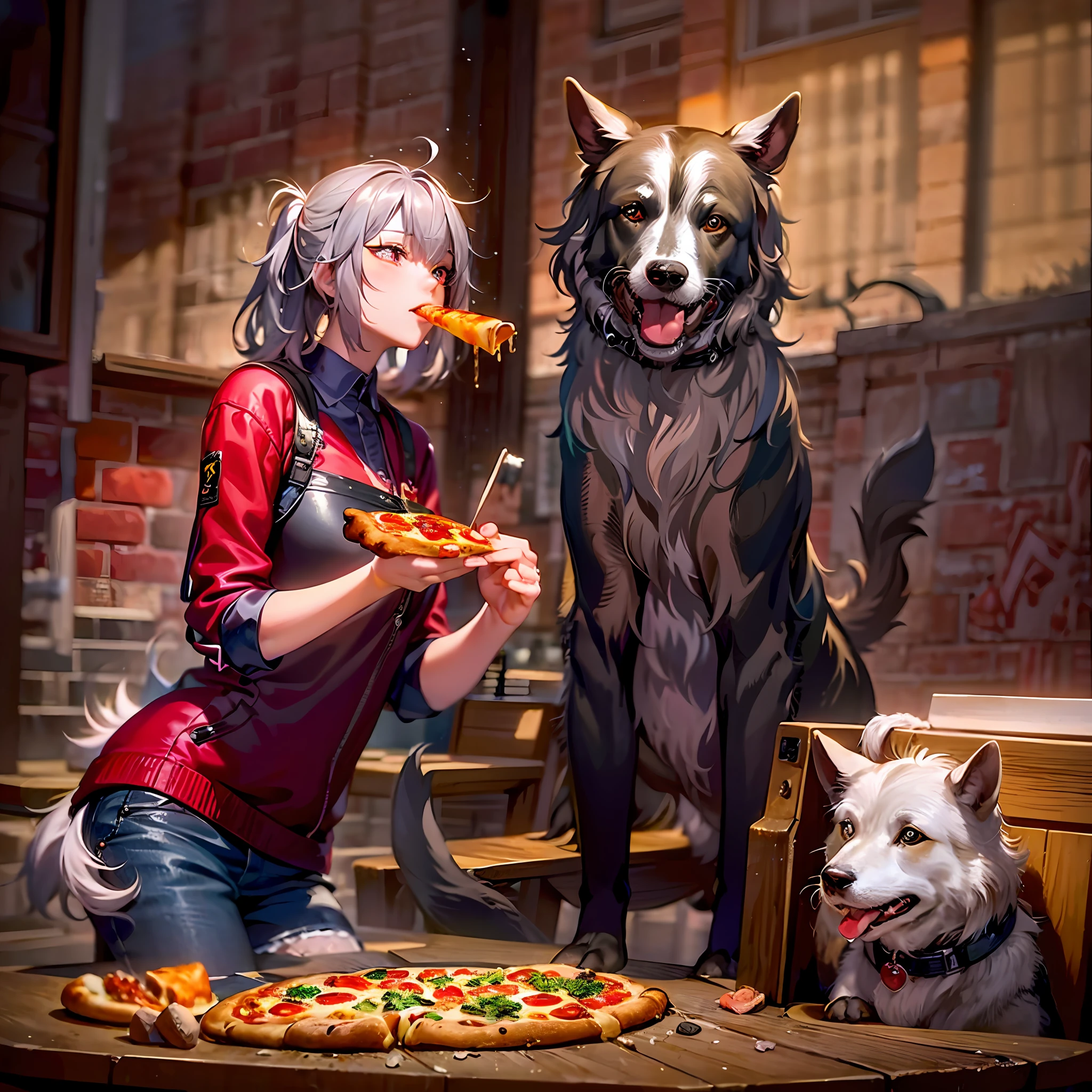 there is a woman sitting on a table with two dogs and a pizza, sharing a pizza, eating pizza, munching pizza, realistic anime artstyle, realistic anime art style, anime realism style, anime food, eating a pizza, pizza!, realistic anime 3 d style, with dogs, detailed digital anime art, artwork in the style of guweiz, at pixiv