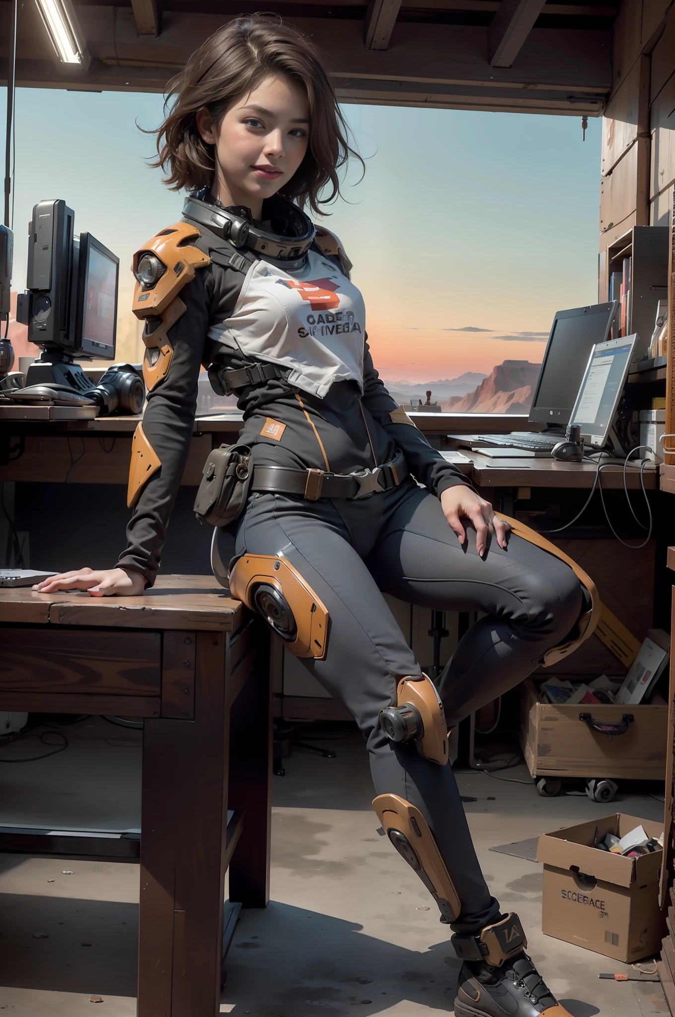 ((high-tech theme)), small hip, high detail, realistic, photo quality, high quality, (photorealistic:1.4), ((science fiction)), a Caucasian woman, ((sitting in a chair)), a computer on the desk and a keyboard on her lap, laurie greasley, cyberpunk art, space art, mecha pilot girl, smile, 1girl, by the desk, inside, slim body, body suit, good hands, balanced body, professional, relaxed pose, defined eyes, brown eyes, defined face, balanced face, clear facial features, (Caucasian: 1.9), futuristic office, sci-fi environment, futuristic room, comfortable chair, all limbs visible, both feet visible, ((casual clothing: 1.9)), desert town in the background