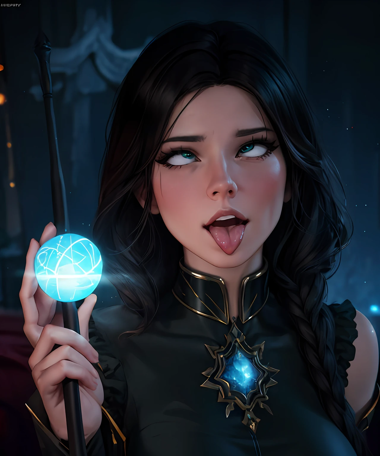 fantasy setting, sharp focus, high quality photo of beautiful nordic mature woman,magician , wearing black clothes with silver tracery, white single braid hair, confident look, rising ((magic staff with shining sphere atop)), glowing runes flying around, jewelry, detailed eyes, low body-fat, cinematic lighting, highly detailed, (matching eyes:1.2), fully body photo, epic pose, night sky background, art by charlie bowater, (Extremely Detailed Oil Painting:1.2), glow effects, godrays, Hand drawn, render, 8k, octane render, cinema 4d, blender, dark, atmospheric 4k ultra detailed, cinematic sensual, Sharp focus, humorous illustration, big depth of field, Masterpiece, colors, 3d octane render, 4k, concept art, trending on artstation, hyperrealistic, Vivid colors, extremely detailed CG unity 8k wallpaper, trending on ArtStation, trending on CGSociety, Intricate, High Detail, dramatic, (ahegao:1.5)