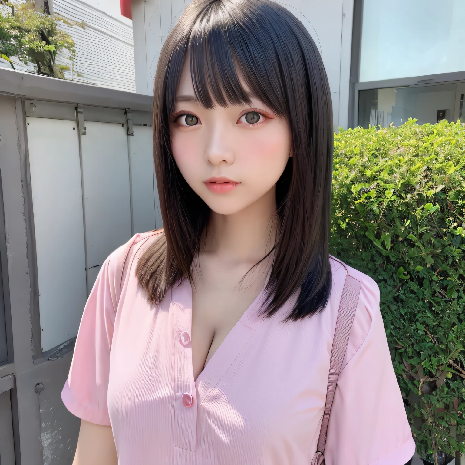 (品质最佳、巨作), only girl,ayu、a Pretty、small tits、Small body、shyness、blushes、Japan schoolgirl summer uniform、Uniform blouse、cleavage of the breast、pink Bras、luminous background, Haut du corps, Jade Eyes、Very long black hair、bangs bangs、Highly detailed facial and skin texture、Realistic human skin、真实感、photo realstic、Professional color correction、natural lightin、looking at the viewers, Depth-of-field、model shoot tyle,