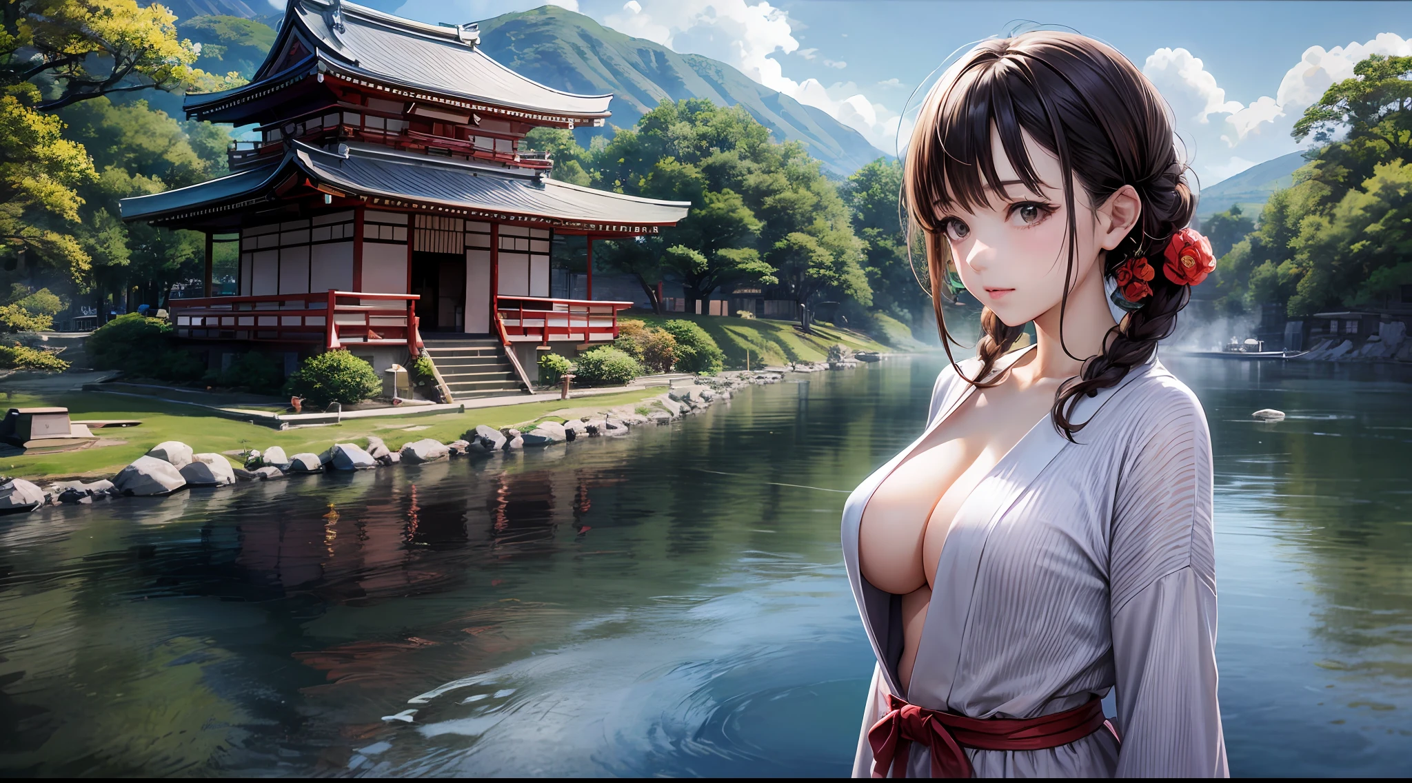 （chainsawman、Makima）、Brown skin、bath robe、（Orange braid）、Young、Cute、a beautifulchi girl、Perfect style、Giant tits、Emphasizes cleavage、deadpan、Realstic、Realistic、８ｋ、extremely detail、品质最佳、Top image quality、ultra-highres、巨作、only girl、（The background is the Japan of Kyoto、Kinkakuji Temple）、