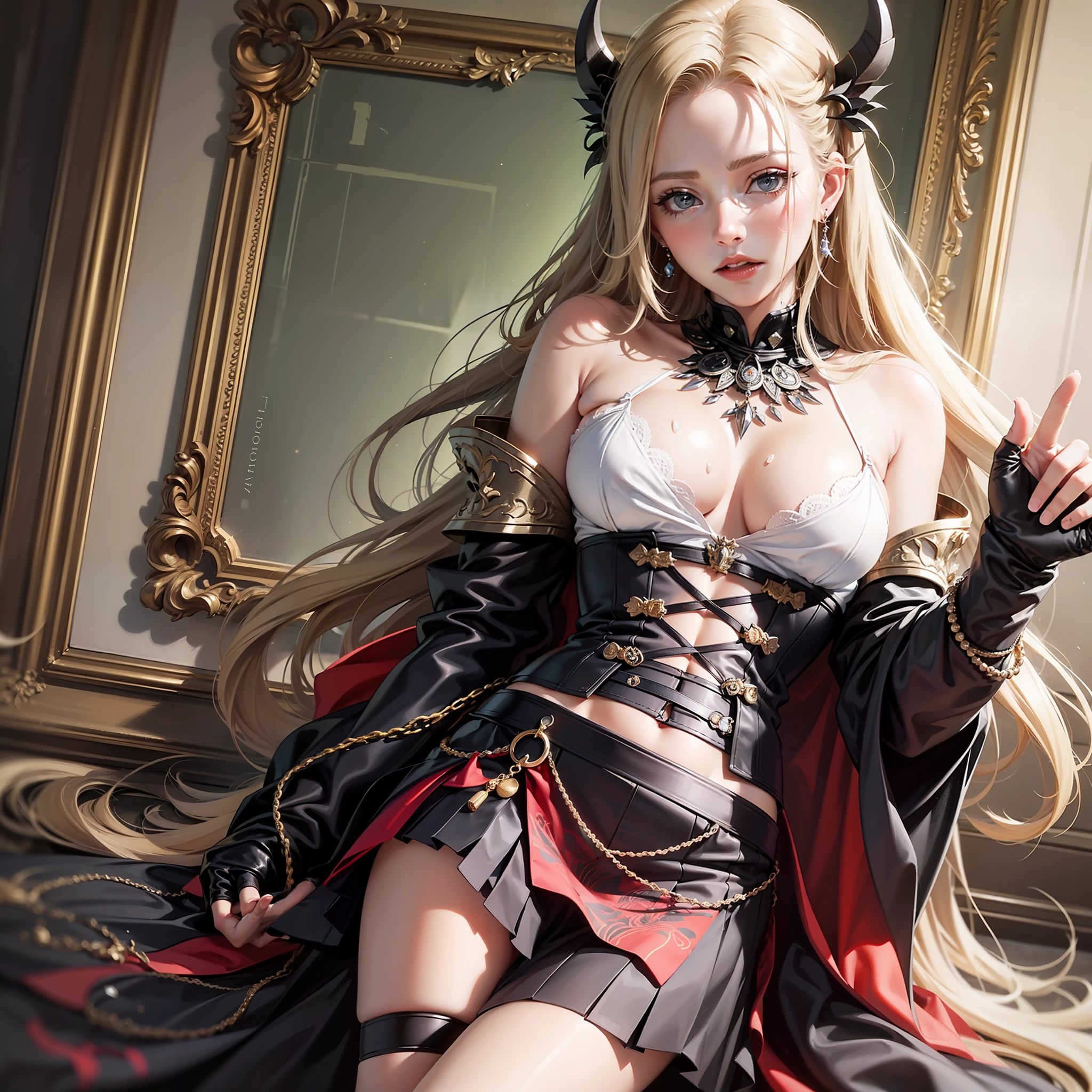 a woman in a white shirt and black skirt, a poster, by amano, instagram, portrait of magical blond prince, hellish!!!, mana, wearing a luxurious velvet robe, high details photo, vi from arcane, saint of the pit, chest coverd, sakimi chan, pearls of sweat, s line