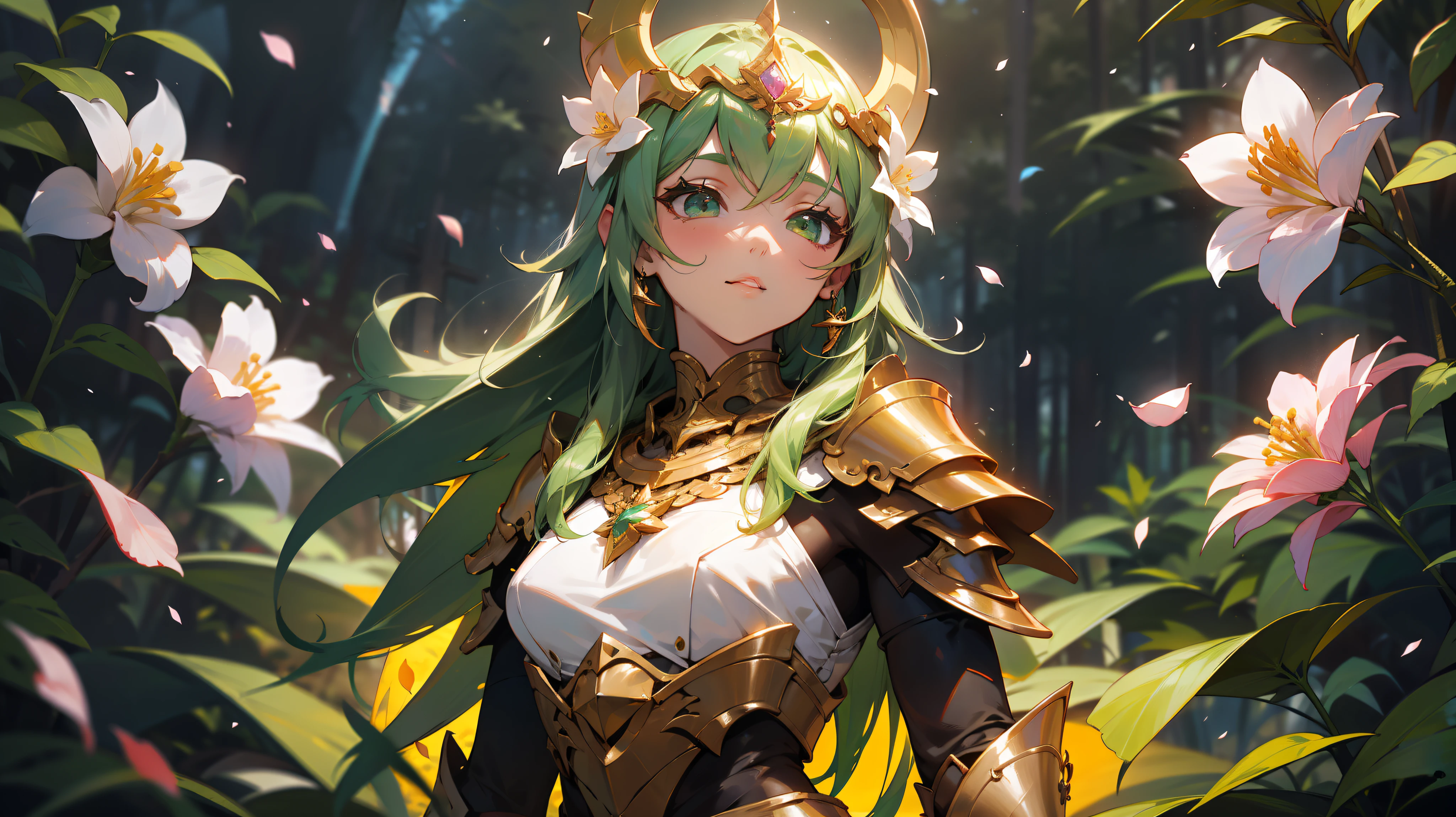 Uma deusa da floresta com uma coroa de flores, corpo inteiro, wearing colorful green armor with flower petals and shiny jewelry, em uma floresta de folhas azuis, with cosmic sky