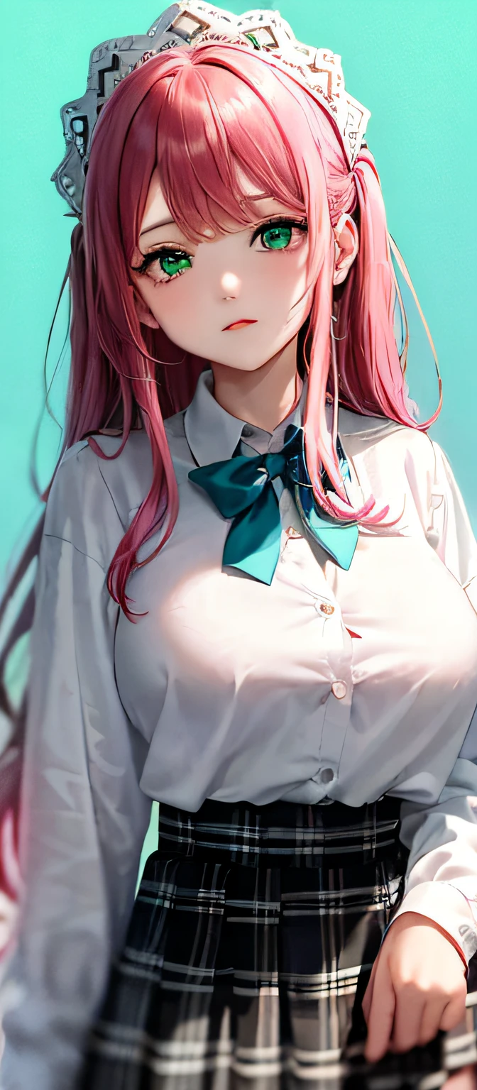 1girls, (巨作:1.1), (Best quality:1.1), (White blouse:1.1), (plaid skirts:1.1), shcool uniform, High-waisted skirt, break [Blue:pink:0.5] theme, (Gradient background: 1.1), cowboy lens, Broken pink hair, long haired,, huge breasts green eyes, Delicate headdress, Side Body,