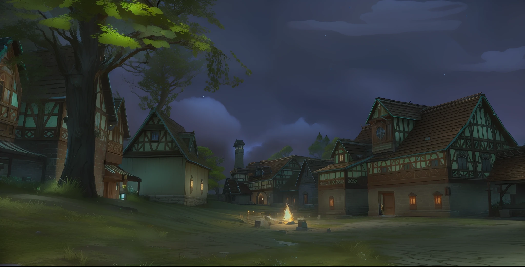 There is a small town in the middle of the street，There is fire, lothlorien at night, nightime village background, zenithal view, beautiful screenshot, ingame image, kings row in the background, taverns nighttime lifestyle, quaint village, hd screenshot, stunning screenshot, green cyrodiil plains, world of warcraft screenshot, <mmorpgs scene