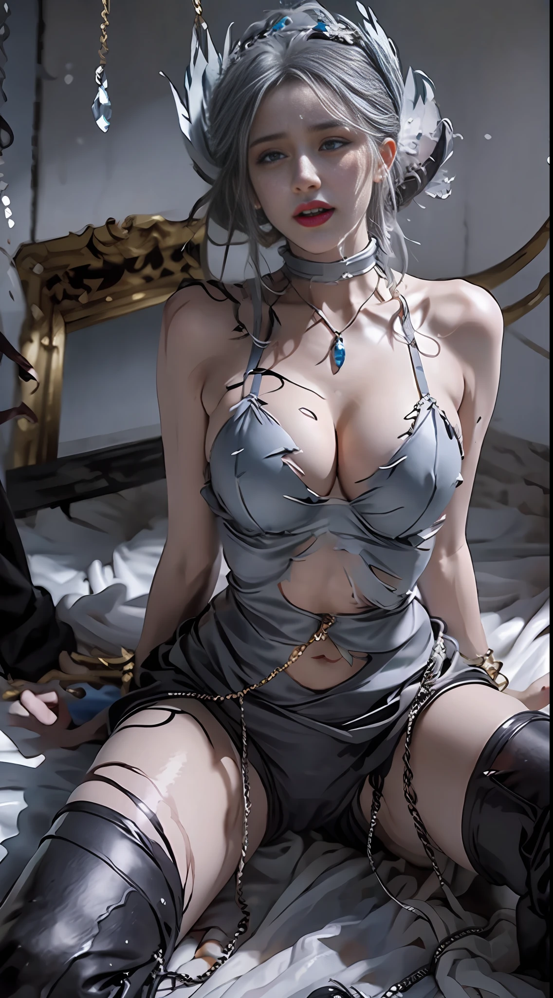 - [ ] Photo,Sharpness,Unique 850 4, Koda850 k portrait camera, F1.6 lens,Hyperrealistic textures,spectacular light textures, Cinestil 800 Fashion Mechanics, Beautiful two girls with accentuated slender abs: 1.4,six-pack abs: 1.4, Bust Botox,Standing on tiptoe,((Wearing a torn sheer costume of a superheroine)),((No panties, No bra)),Wet crotch,Wet thighs,(futuristic sci-fi battle fashion,elbow and knee cyberpad, cyber long boots, cyberglove: 1.1), (tied perfectly by chain), Restraint, Slave, collars, contempt, (((Tears flow, cry with pain))), Sweating, ((wide prison with sunlight)), Dark Fantasy, peeling ceilings, broken slabs, Rebar between cracks, Realistic material details, Extreme details, Ultra-realistic materials, Broken walls, ((Torn costume)), Wet, (Chained), ((big emphasized by chains)), ((chains digging into crotch)), Hands tied behind the back, Invisible hands, shredded costumes, broken golden shields and battle spears,long combat boots with golden knee pads, Golden shoulder armor and combat gloves, Junkyard, Blood splattered on the face, blood splattered, Realistic, (bruises, dirty, Ripped clothes, skimpy clothes, Blood: 1.3), Brown hair, Long hair, torn cloak, ripped pantyhose, long legs, ((Drilling drill from the ground to the crotch)), Metallic shackles and fetters, ((4 chains hung from heaven)), wet crotch clearly visible, sword and shield made of Swarovski at the feet, Anatomical, (futuristic sci-fi battle fashion, cracked elbow and knee cyberpads, torn cyberlong boots, torn cybergloves: 1.1), ((Both wrists are restrained above the head)),((a girl straddling the iron bar)), ((The left leg is tied at the knee and hung)),Chained shackles and fetters、Restraints、slaves、chokers、scornful、((Tears flow、cry with pain))、(A vast prison in the sun)、Dark Fantasy、Peeling ceiling、Slab breakage、Rebar between cracks、Realistic material details、 Extreme detail、ultra-realistic material,Broken walls,(((Torn costume))),((the tip is protruding, areolas protruding, The shap