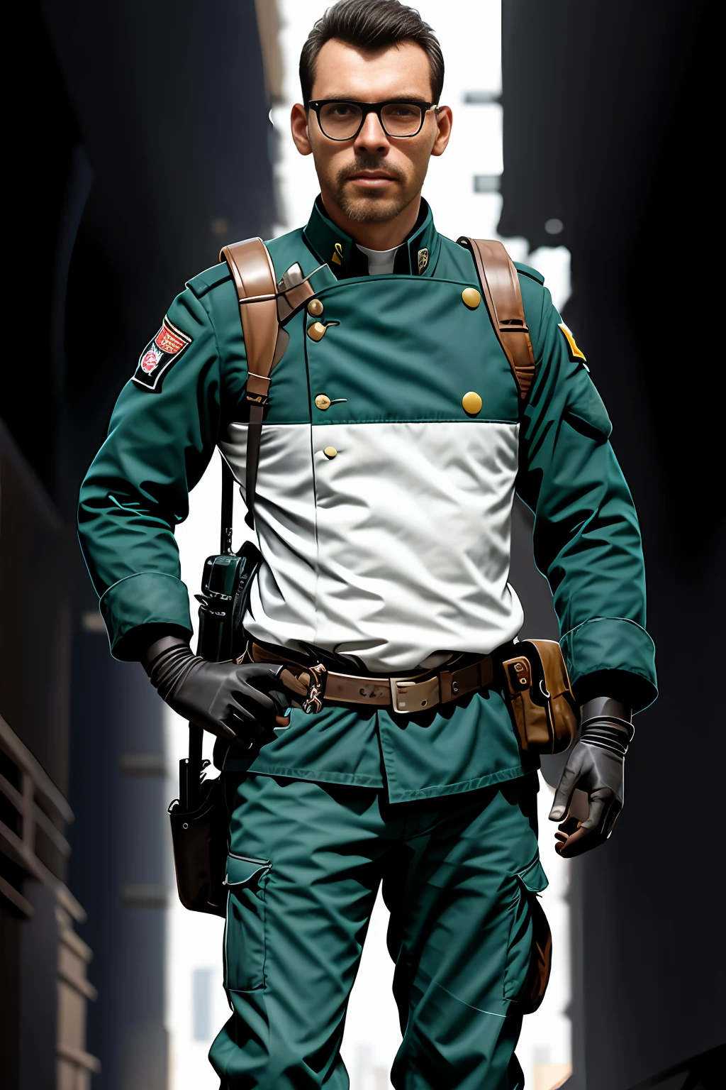 guttonerdvision6, rosto detalhado, homem de oculos, poros da pele, rosto nitido, Soldado Arafed com uma metralhadora em uma rua da cidade, Wojtek FUS, roupa de soldado, Soldado, detailed game art illustration, Man in glasses, Soldados monarquistas, Closeup da arte do personagem, Portrait of a bespectacled soldier, Directed by: Tadeusz Pruszkówski, Arte conceitual do jogo FPS, irreal 5. retrato de rpg, Amazing 8K character concept art, inspired by Piotr Michałowski