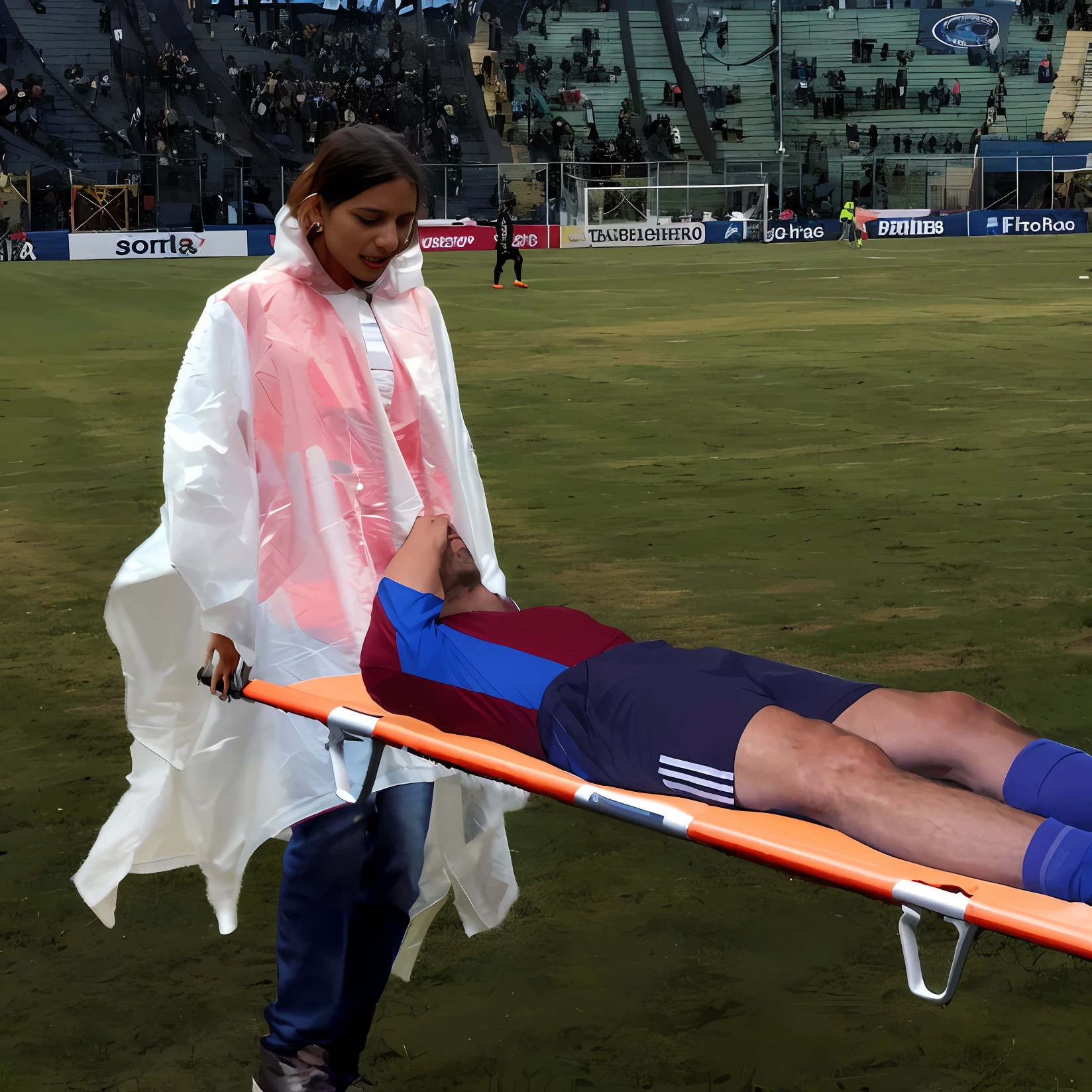 an excessively madeup teenage girl in a laquered coat, a passionately shouting teenage-girl in a laquered coat, there is a sportsman in white shorts and a white t-shirt lying injured on a stretcher, there is an injured sportsman who is covering his face on a stretcher, an injured sportsman is covering his face with his hands, an injured sportsman is writhing in ecstasy on a stretcher, dramatic pity pose, there is a latino woman in a high-shine puffy coat, a high-shine black down coat, a long black moncler coat, a wetlook down coat, a wet black laquered coat, a latino wife is wearing a wetlook black uniform, injured, medic, laura sava, anna nikonova, very professional, by Dietmar Damerau, alexandra fomina, soccer action pose, affection pose, lecherous action pose, dramatic action pose, theatralic pose, there is an attractive woman that is carrying a skinny man, there is a beautiful woman in a shiny coat who is carrying a blond man on a wetlook orange stretcher, a longhaired beautiful woman in a high-shine black puffy coat, a longhaired woman in a shiny downcoat, a woman is carrying a shorthaired man who is wearing shorts and a t-shirt, a weak man in spots shorts is consciousless and needs to be carried, a shorthaired man with closed eyes is carried on a stretcher by a longhaired woman, a woman looks very scared and terrified, a consciousless man with closed eyes is suffering very much and has a very painful face, photo, photo shoot, photographed , accident, help, aid, first aid, pity, Sofya Emelenko