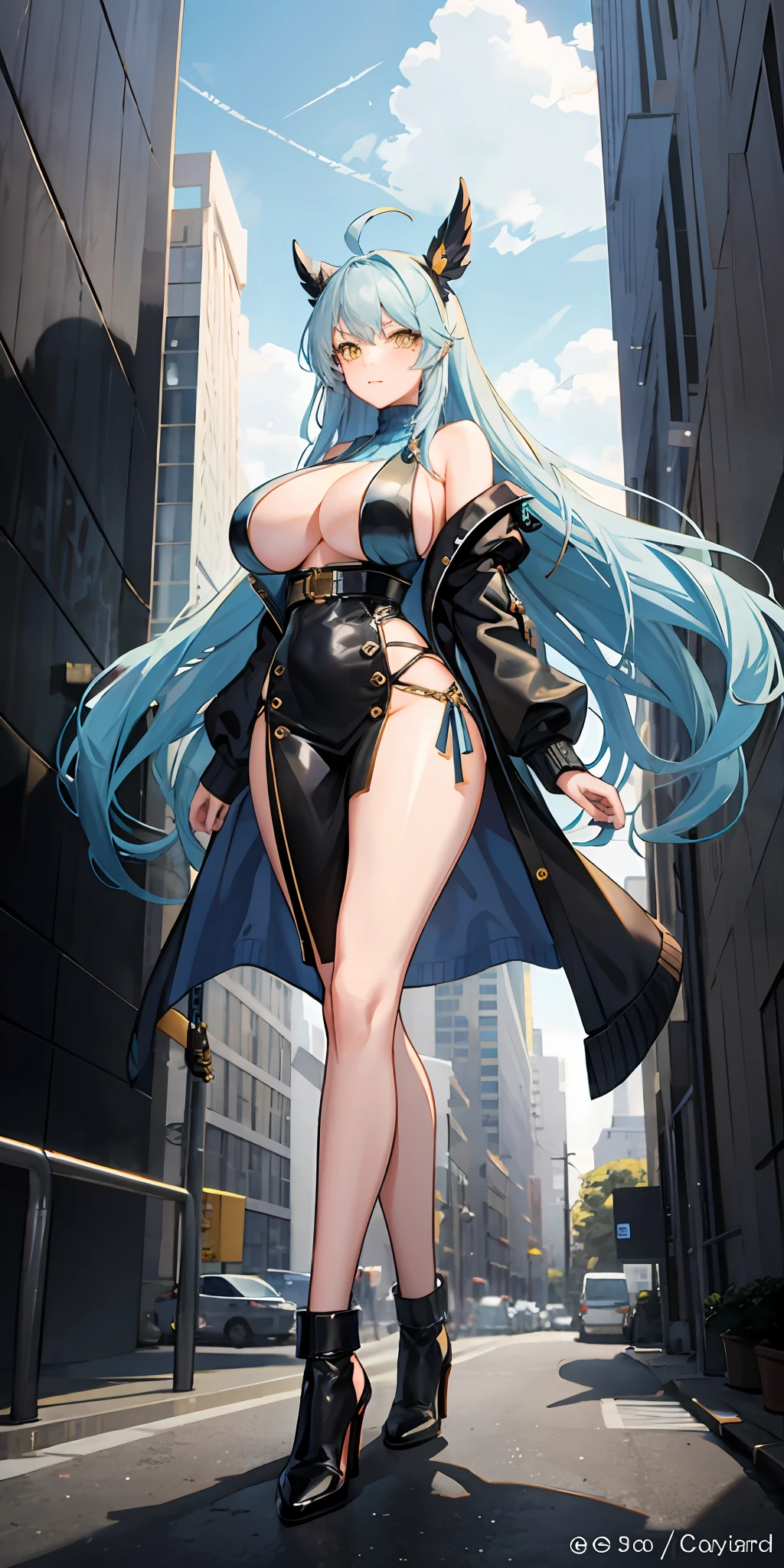 Light blue hair, yellow eyes, long hair, massive boobs, legs, thigh, big sweater, in building