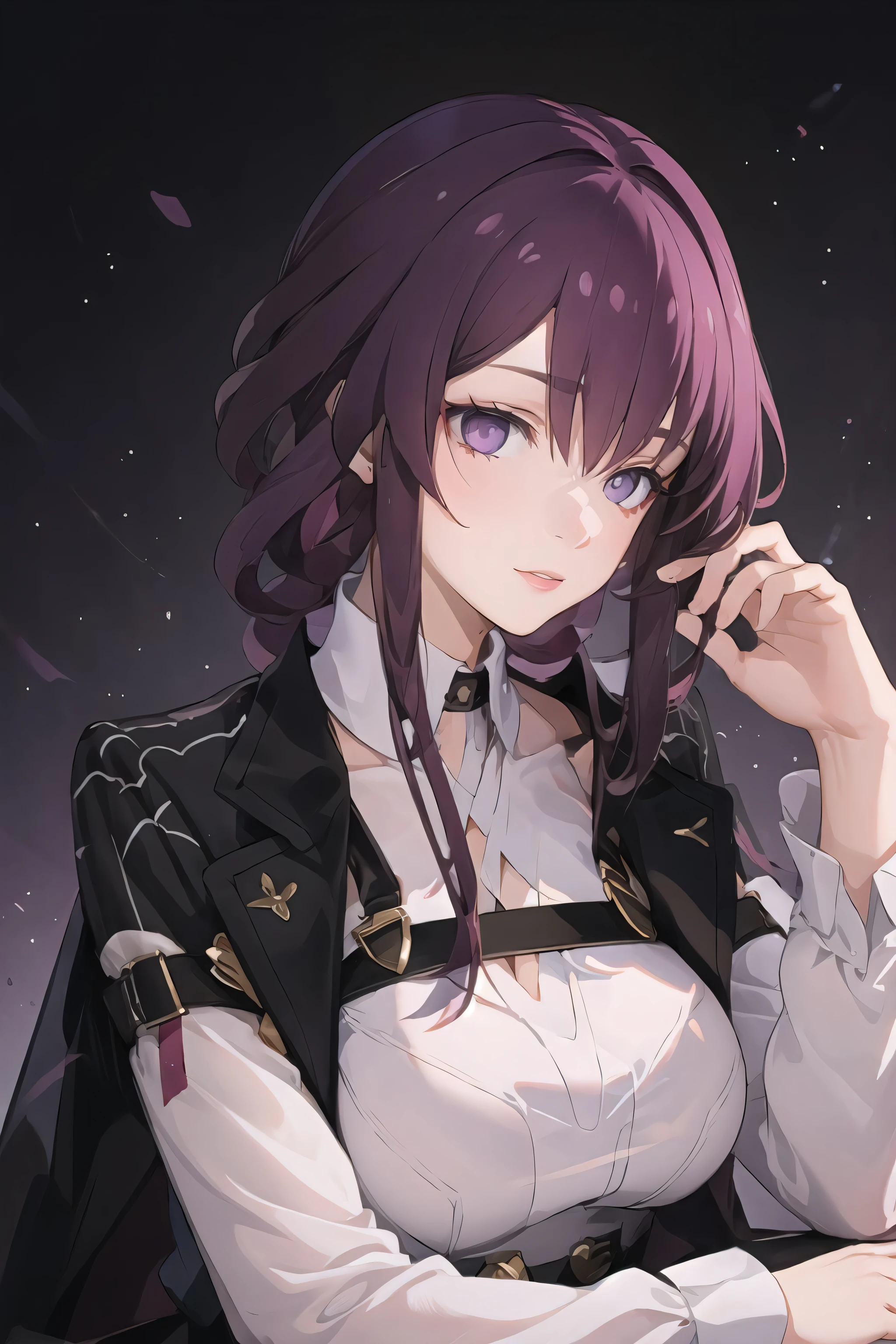 masterpiece, best quality, KafkaV4, 1girl, solo, ((portrait)), purple eyes, jacket, shirt, white shirt, long sleeves,