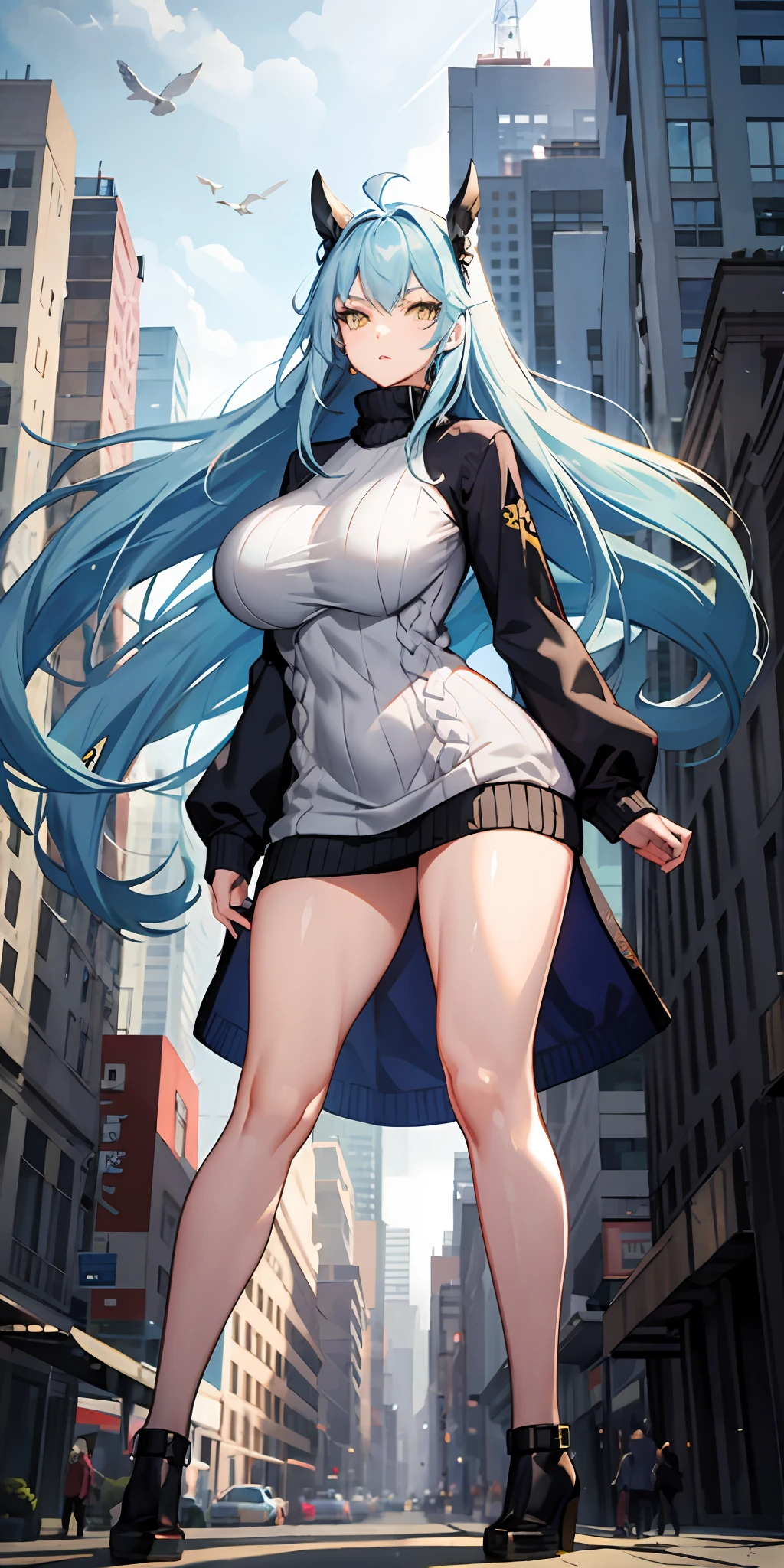 Light blue hair, yellow eyes, long hair, massive boobs, legs, thigh, big sweater, in building