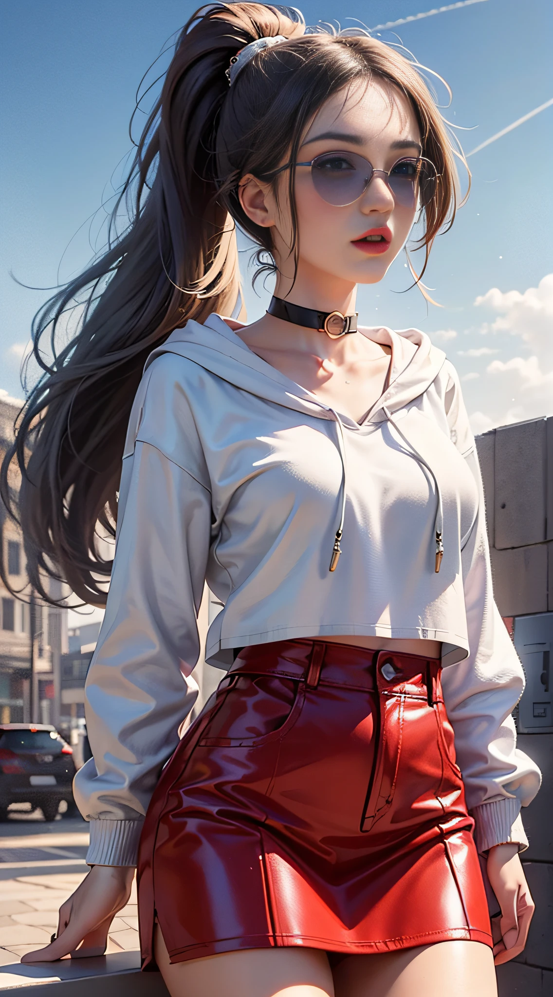 Ultra high quality,8K,gal girl,Sexy and feminine, high and cold,Enchanting,The head proportions are perfect,Gray high ponytail,Wear a sweatshirt monogram print, Short red high-waisted skirt,Flaming red lips,Swan neck,chokers,sun is shining,With sunglasses