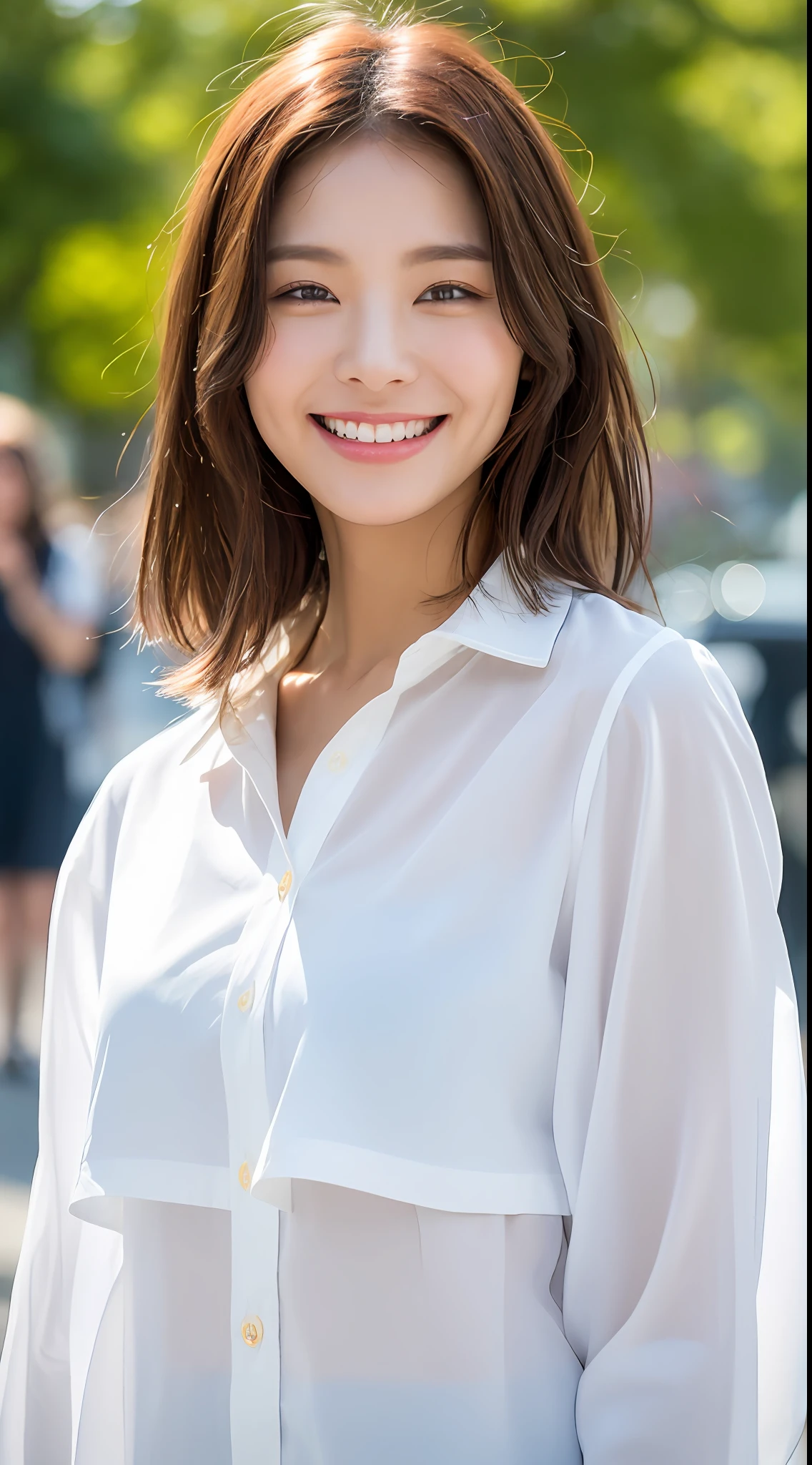 ((Top Quality, 8K, Masterpiece: 1.3)), Sharp Focus: 1.2, Beautiful Women in Perfect Shape: 1.4, Slim Abs: 1.2, (Layered Hairstyles: 1.2)), (Wet White Button Long Shirt: 1.3), Rain: 1.3, Street: 1.2, Wet Body: 1.1, Highly Detailed Face and Skin Texture, Detailed Eyes, Double Eyelids, Big, Smile, Raw Photo