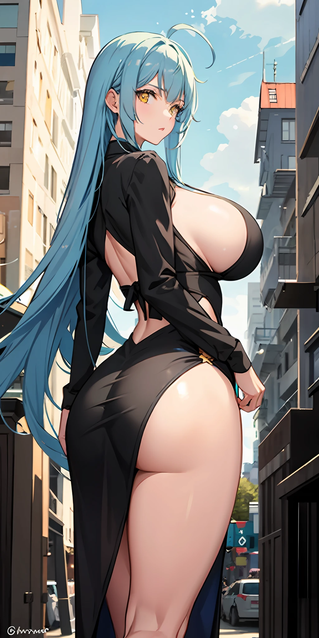 Long blue hair, yellow eyes, massive boobs, massive ass, casual dress, building