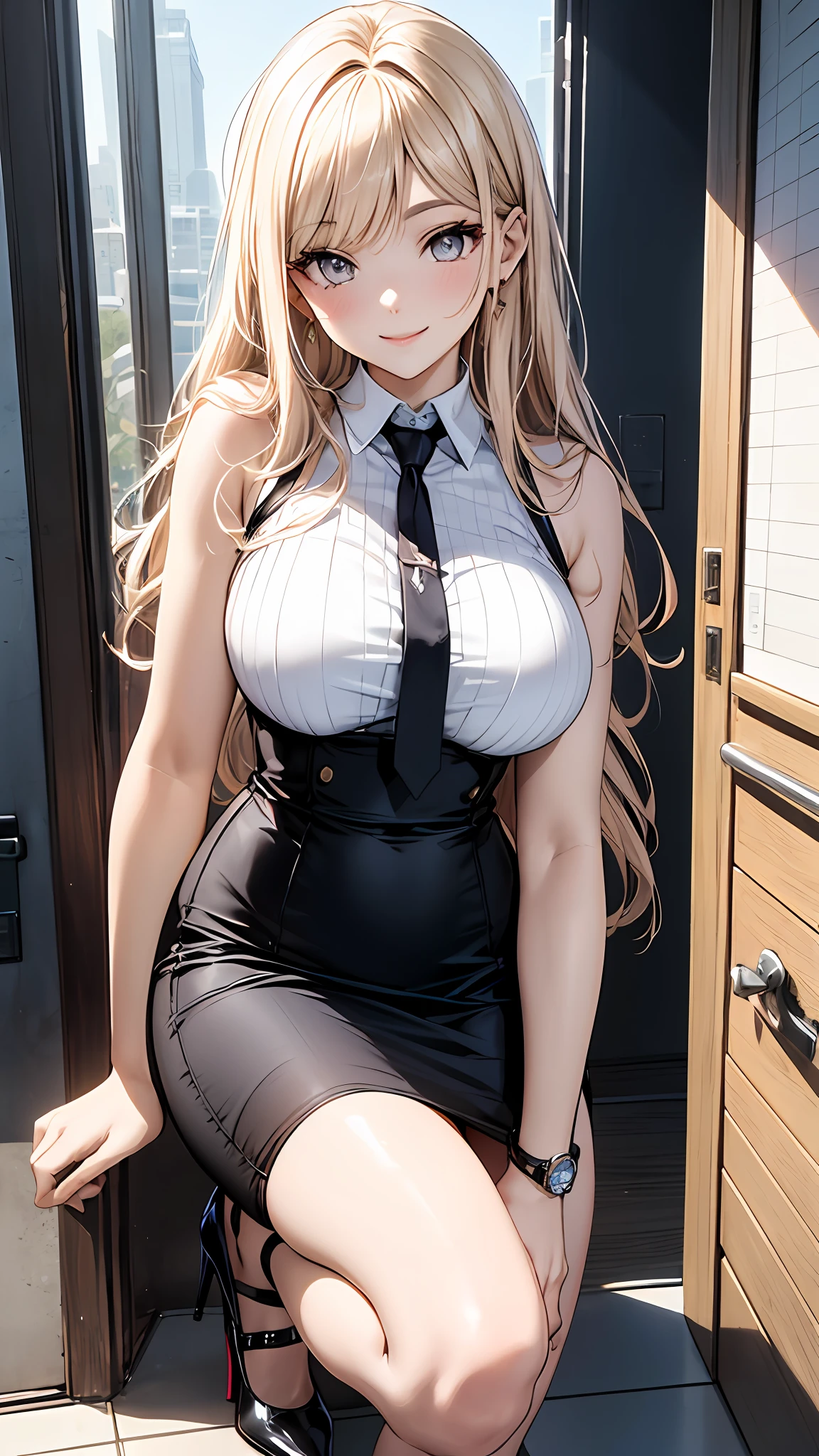 巨作、Top  Quality、1girls、Young girl、happy smiling、shinny skin、(Nice leg line:1.3)、thin-waist、huge breasts
break
uniform、necktie、(pencil skirts))、high heels
break
park,Depth-of-field,looking the viewer,squatting over vewer,behind from,Haut du corps,Sexy legs